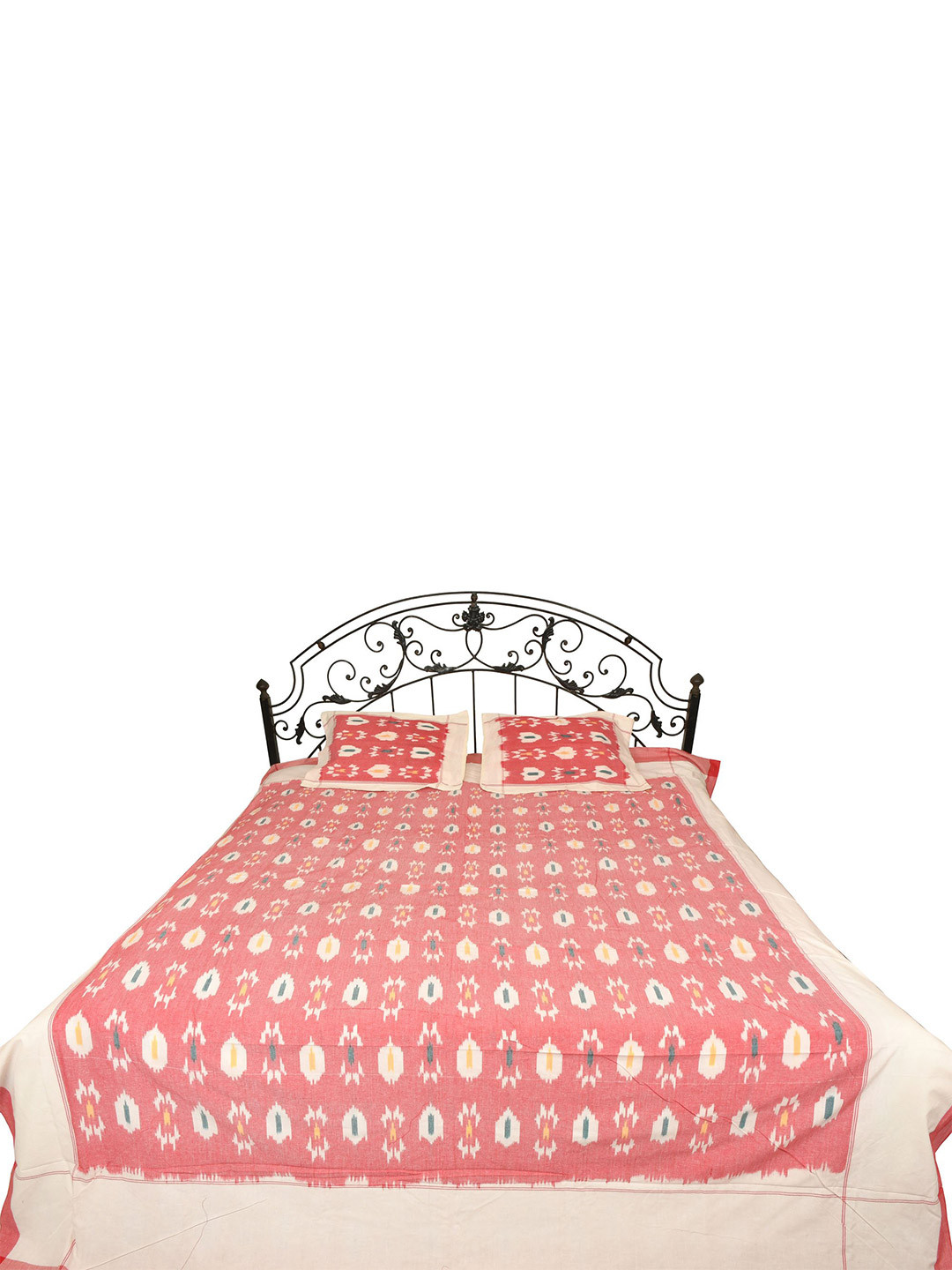 Exotic India Syi68--Brandied Apricot Pink Ethnic Motifs Cotton 300 TC Queen Fine Bedsheet with 2 Pillow Covers-259 x 216 cm