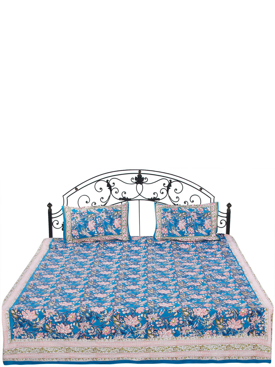 Exotic India Sanganeri Blue Floral Cotton 300 TC Queen Fine Bedsheet with 2 Pillow Covers-102 x 87 inches