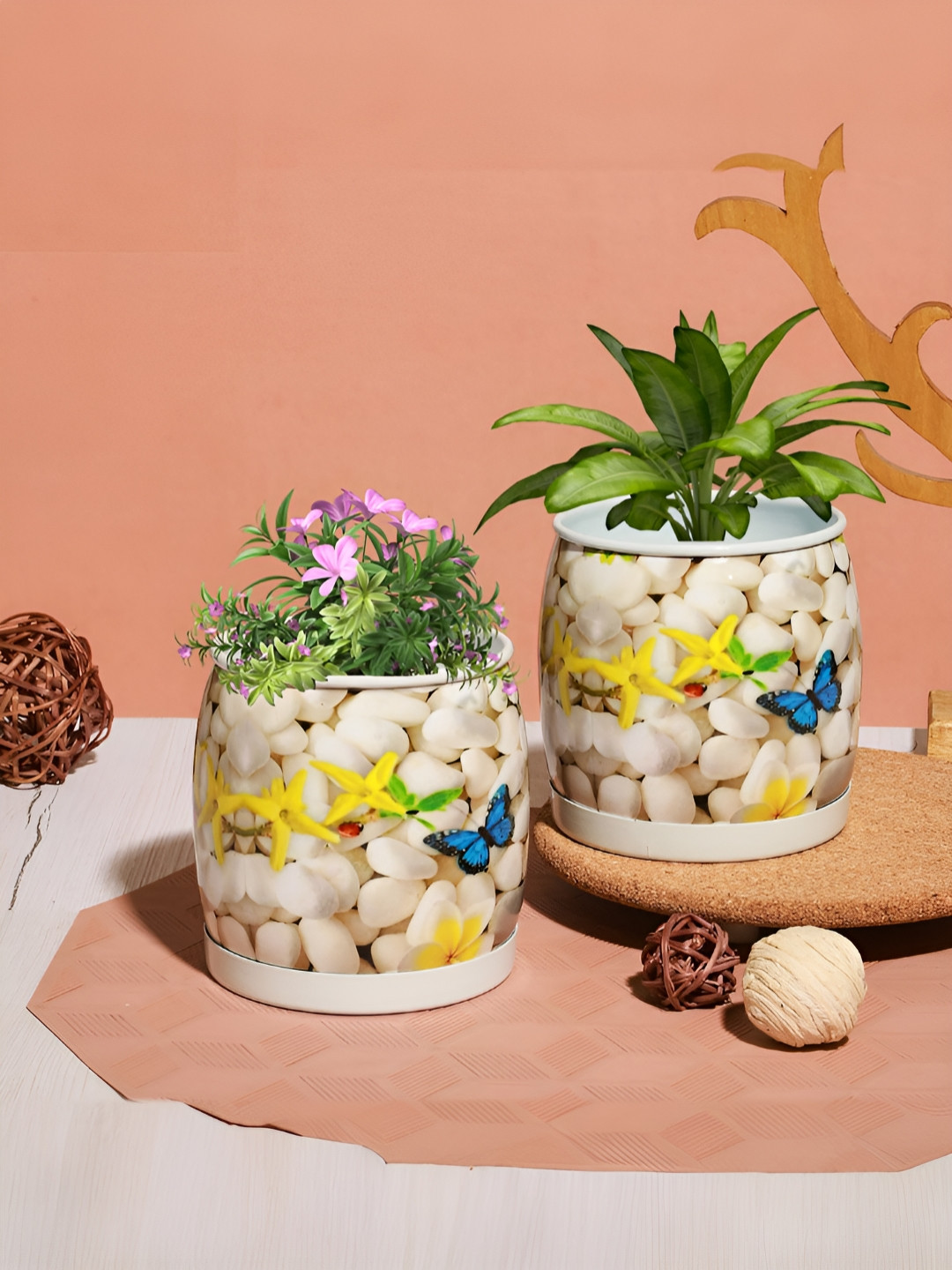 Homspurts White & Blue 2 Pieces Chic Planters Printed Metal Planters