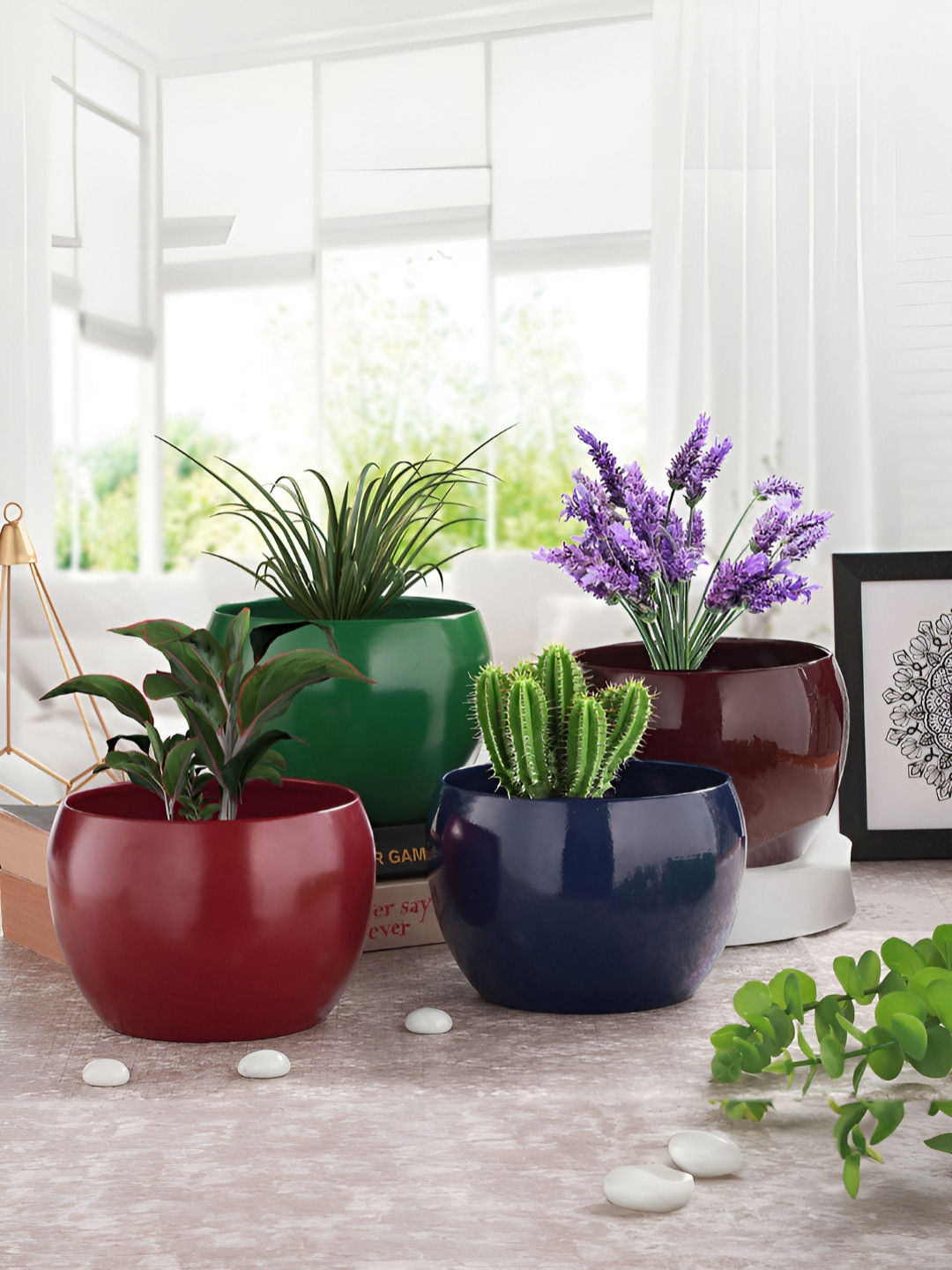 Homspurts Brown & Green 4 Pieces Matte Finished Metal Planter