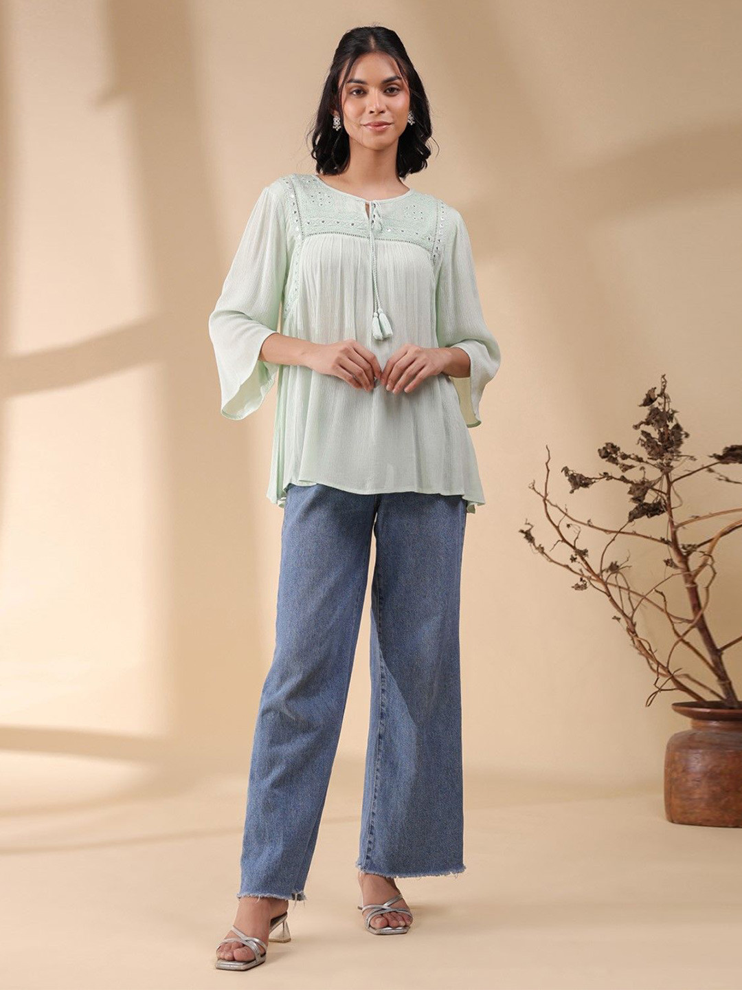 Nyaro  Women Rayon Crepe MInt Green Mirror Work Embroidered Top