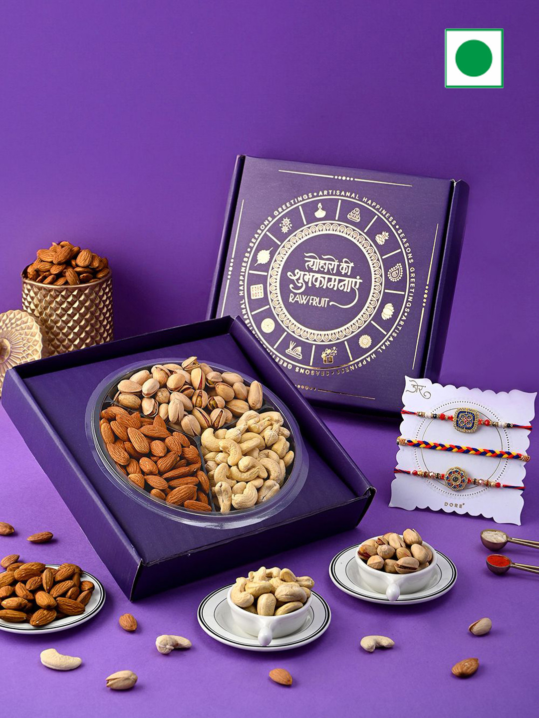 RawFruit Set Of 3 Rakhi & Nut & Fruit Box