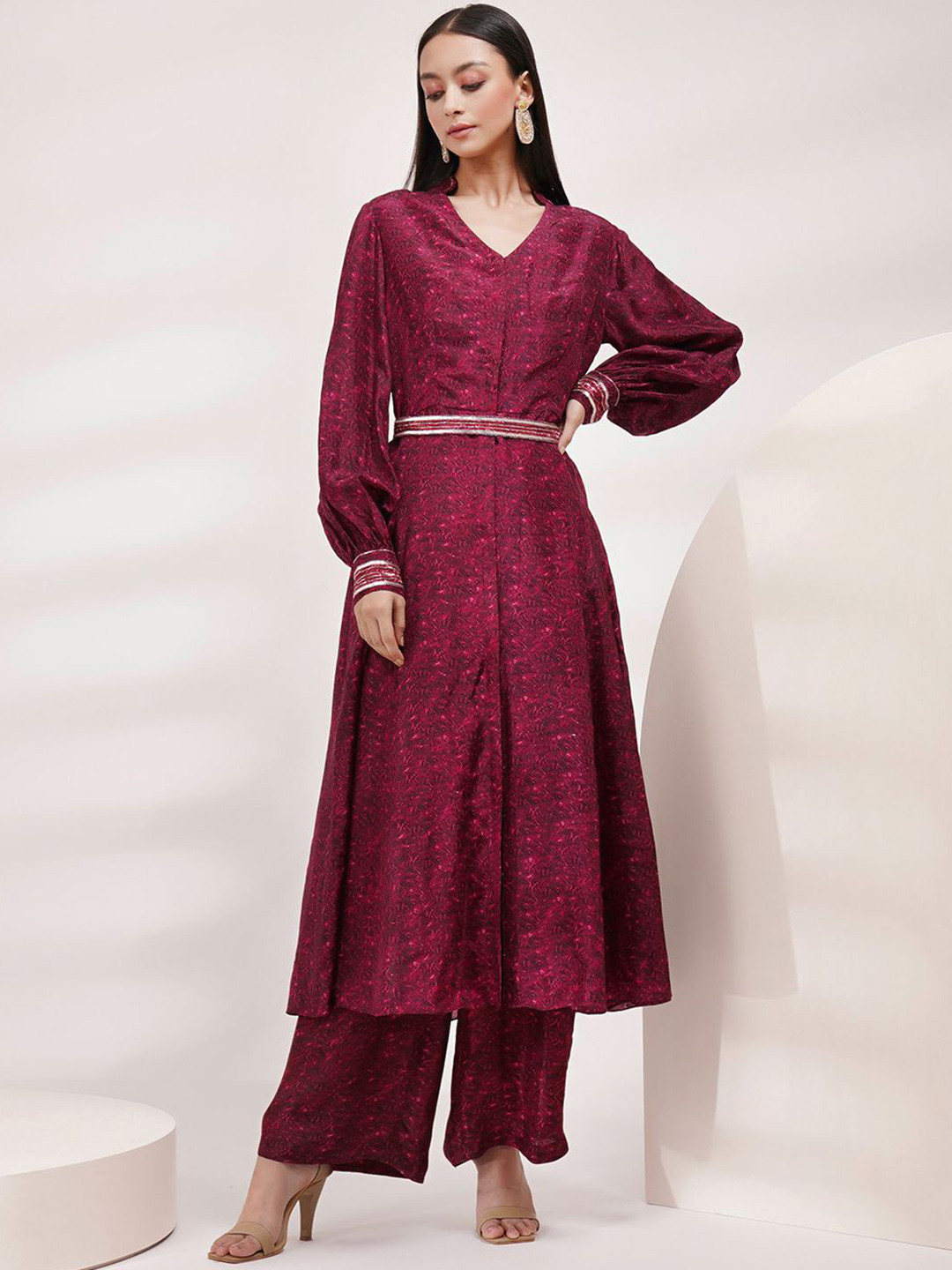 Breathe by Aakanksha Singh Printed Long Sleeves V-Neck Top With Palazzo Come With Belt