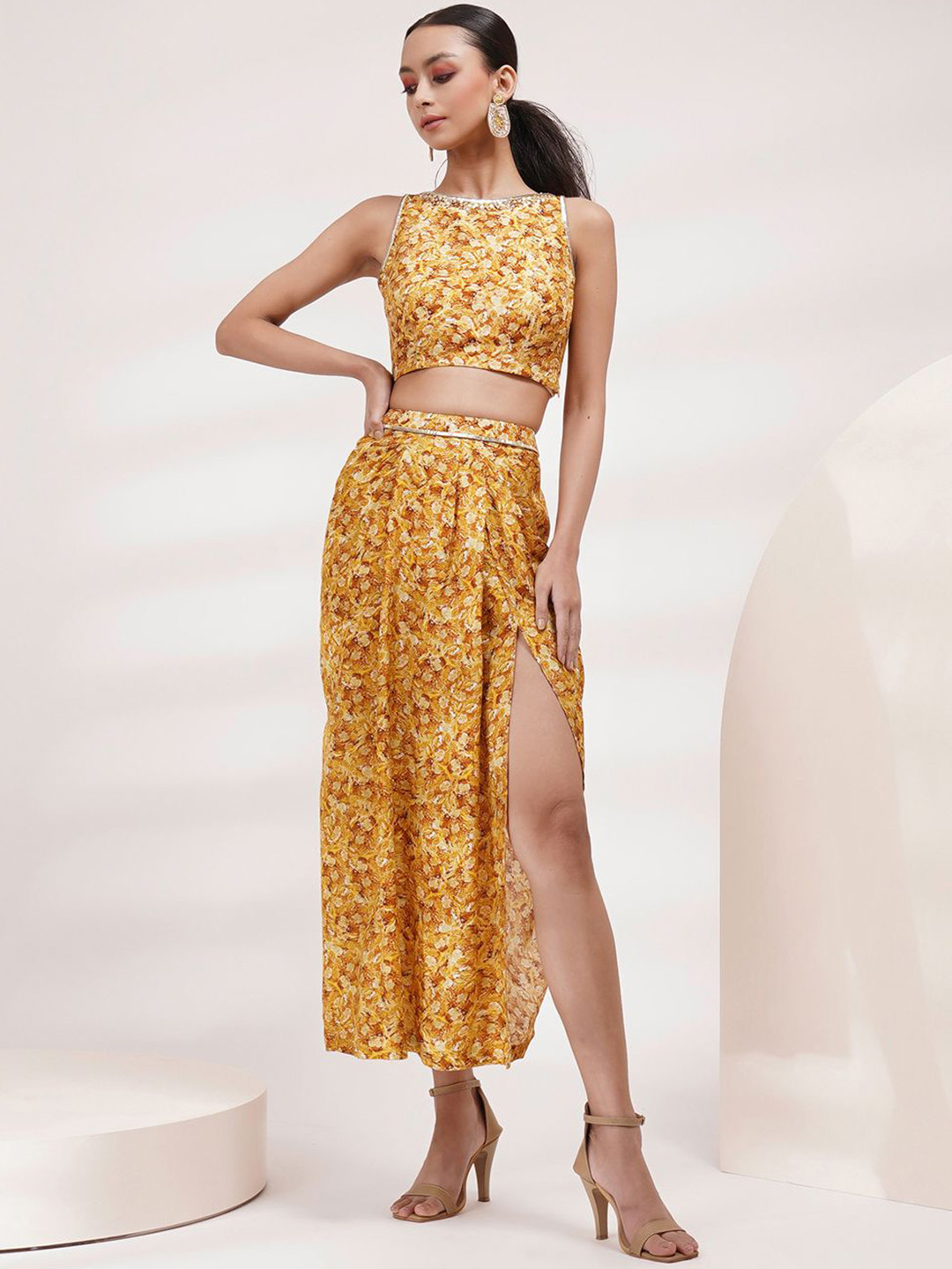 Breathe by Aakanksha Singh Abstract Printed Boat Neck Sequined Detailed Top With Skirt