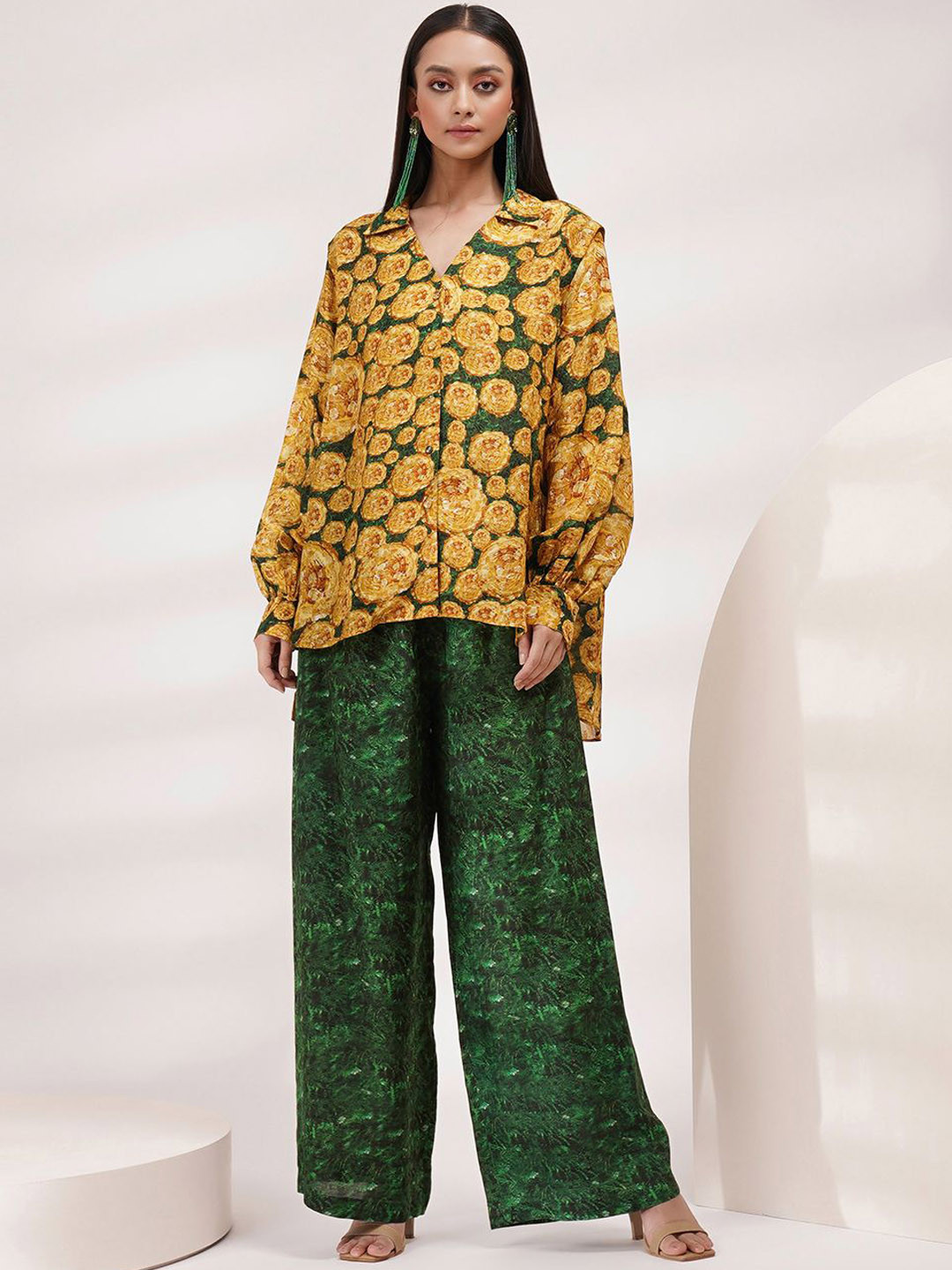 Breathe by Aakanksha Singh Floral Printed Spraed Collar Cuffed Sleeves Shirt With Palazzos