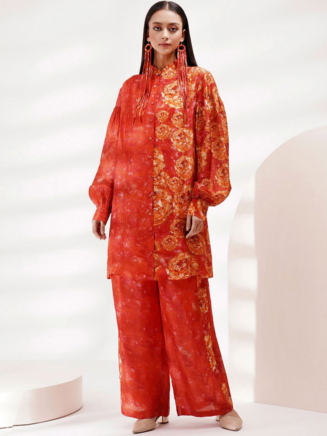 Breathe by Aakanksha Singh Floral Printed Mandarin Collar Cuffed Sleeves Shirt WithPalazzo