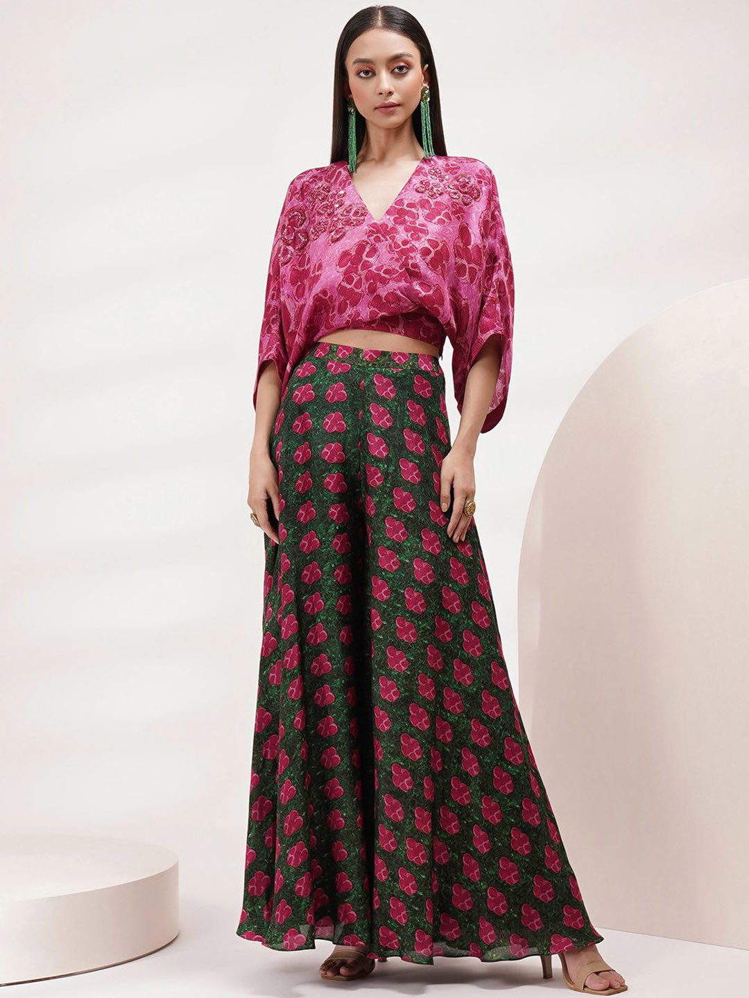 Breathe by Aakanksha Singh Floral Printed V-Collar Bat Sleeves Crop Top With Palazzos