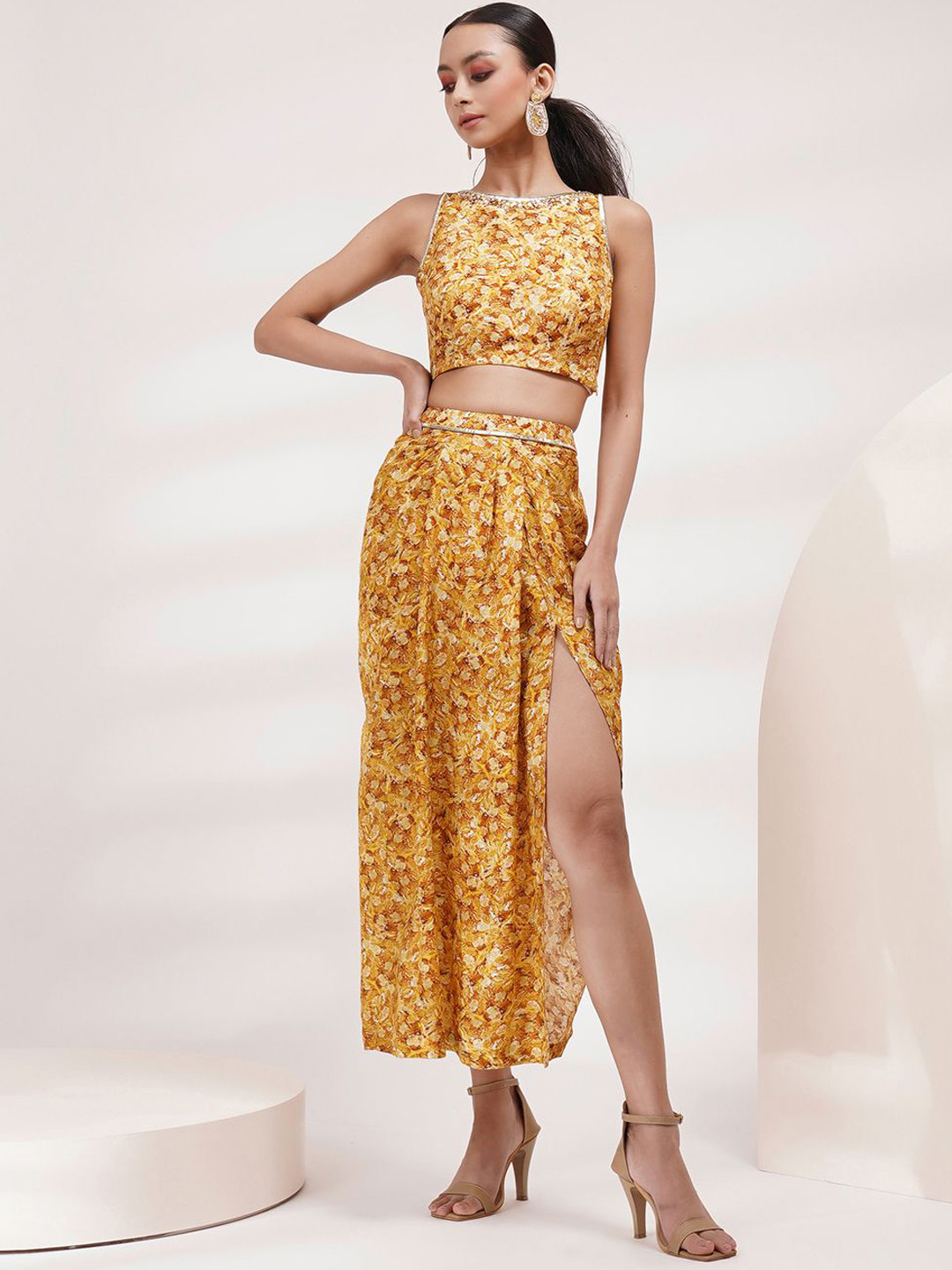 Breathe by Aakanksha Singh Abstract Printed Boat Neck Sequined Detailed Top With Skirt