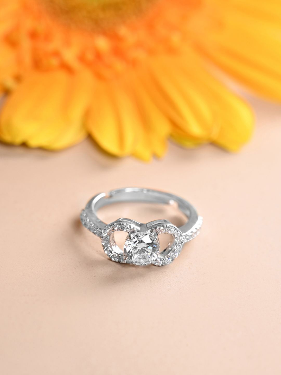 Clara 925 Silver Platinum-Plated CZ-Studded Anya Adjustable Finger Ring