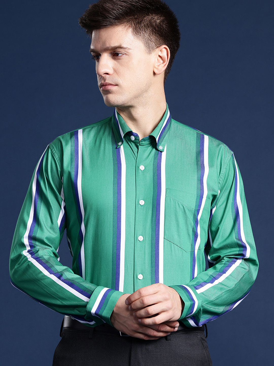Hancock Men Striped Carbon Finish Pure Cotton Slim Fit Formal Shirt