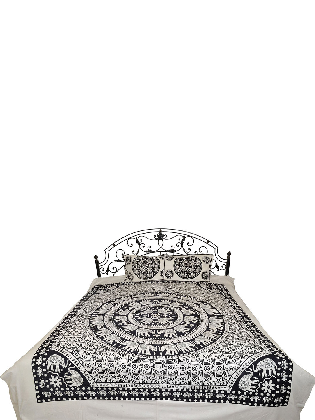 Exotic India Ruby Black Ethnic Motifs Cotton 300 TC Queen Fine Bedsheet with 2 Pillow Covers-100 x 84 inches