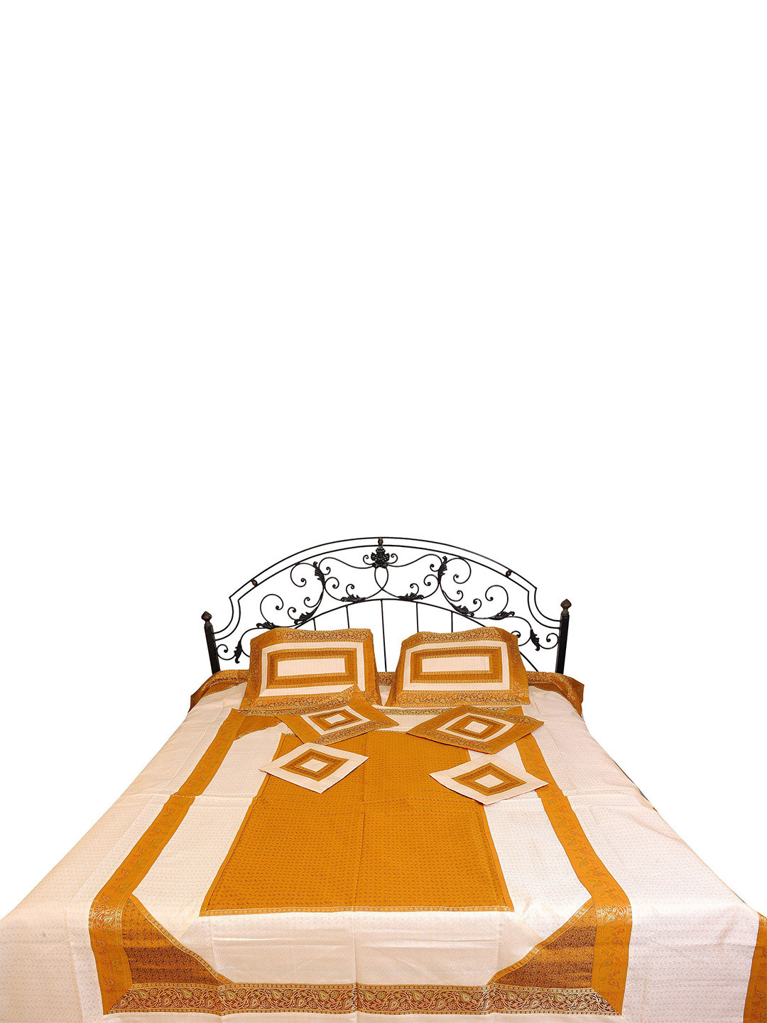 Exotic India Seven-Piece Banarasi Yellow Geometric Polyester 300 TC Queen Fine Bedsheet with 2 Pillow Covers-262 x 228 cm