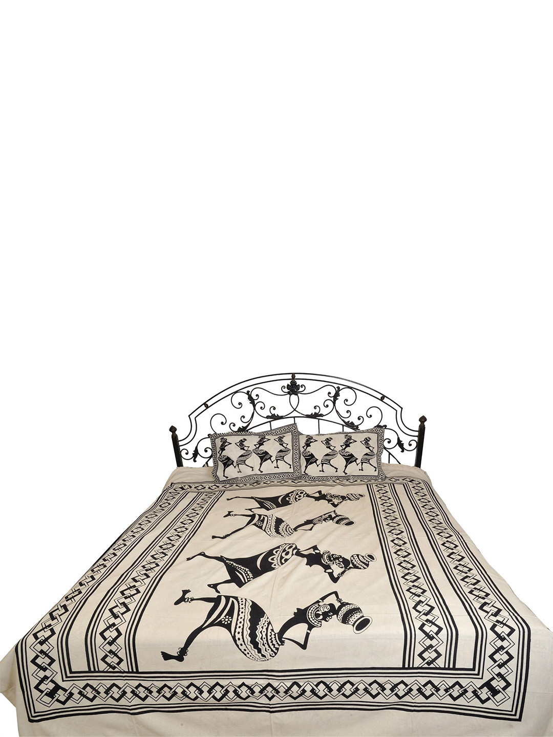 Exotic India Syi27 White Ethnic Motifs Cotton 300 TC Queen Fine Bedsheet with 2 Pillow Covers-250 x 210 cm