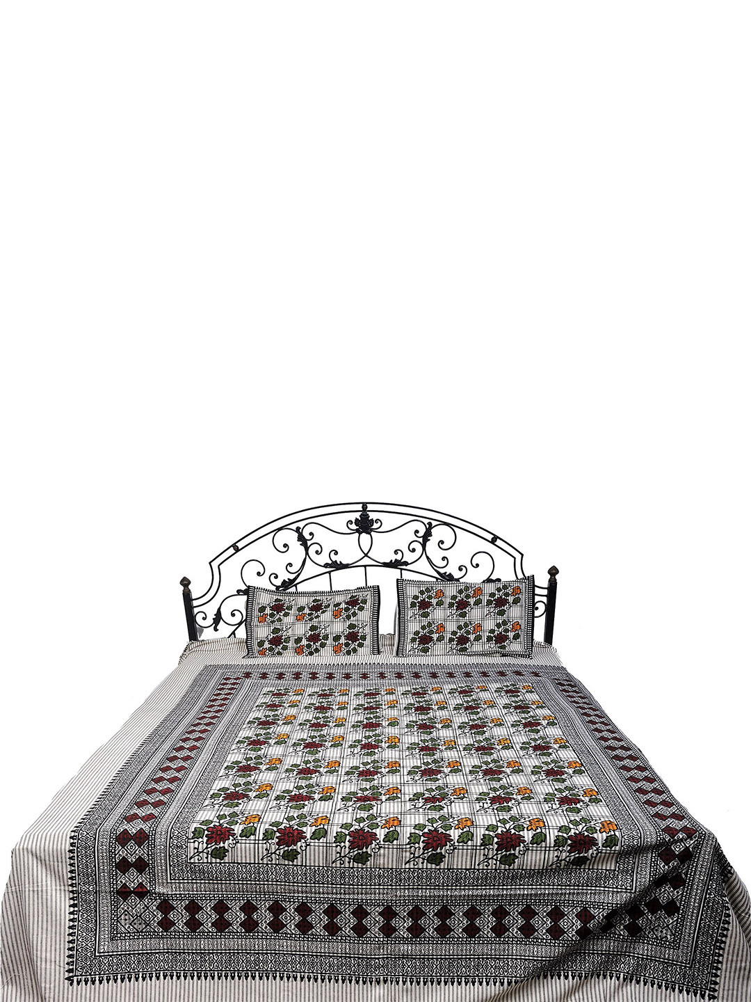 Exotic India White Floral Cotton 300 TC Queen Fine Bedsheet with 2 Pillow Covers-110 x 73 inches