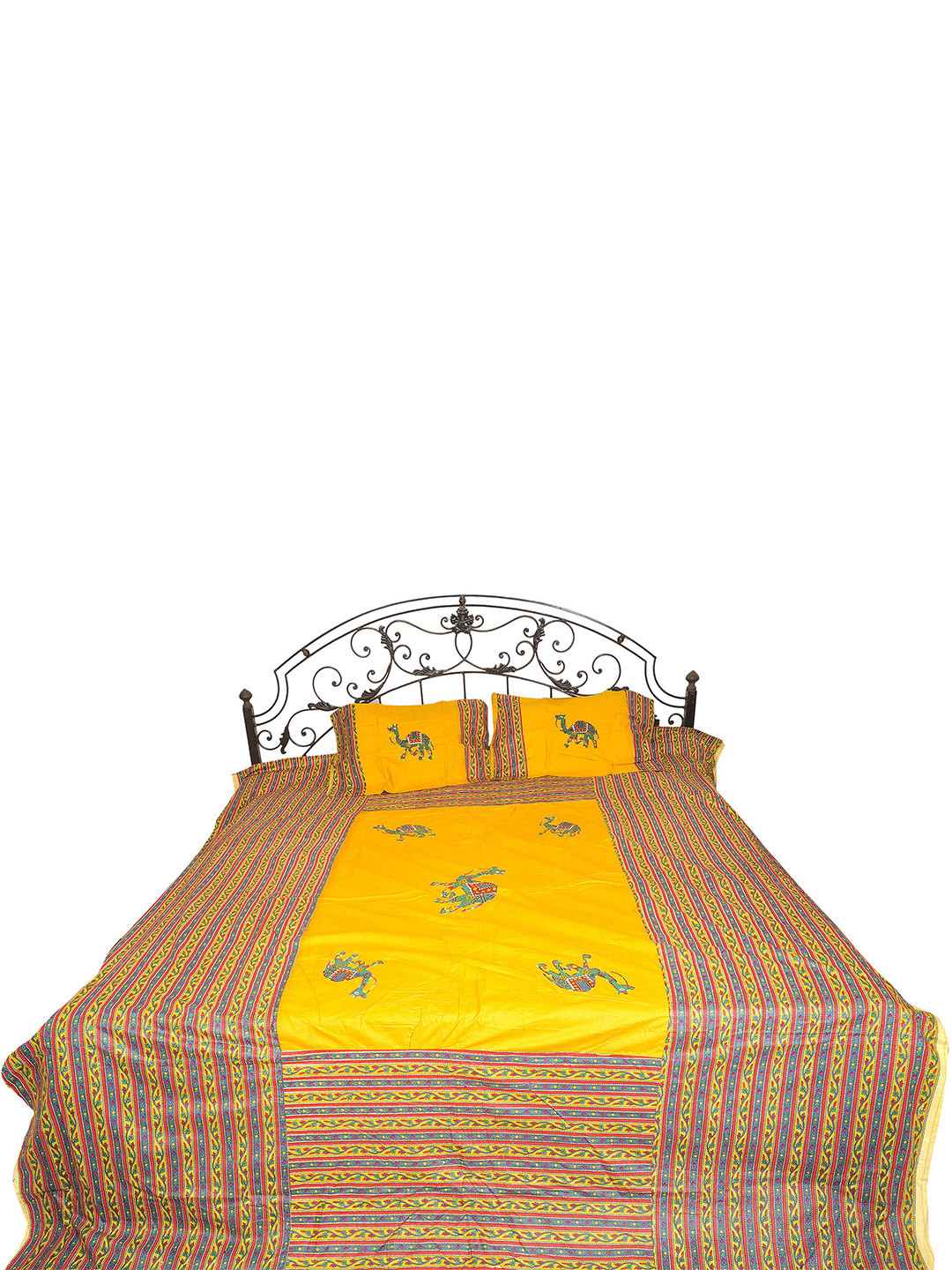 Exotic India Gujarati Yellow Ethnic Motifs Cotton 300 TC Queen Fine Bedsheet with 2 Pillow Covers-87 x 93 inches