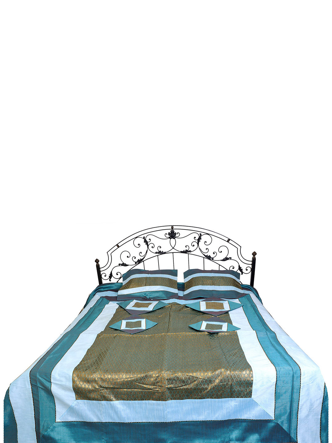 Exotic India Algiers Blue Seven Blue Ethnic Motifs Polyester 300 TC Queen Fine Bedsheet with 6 Pillow Covers-102 x 90 inches