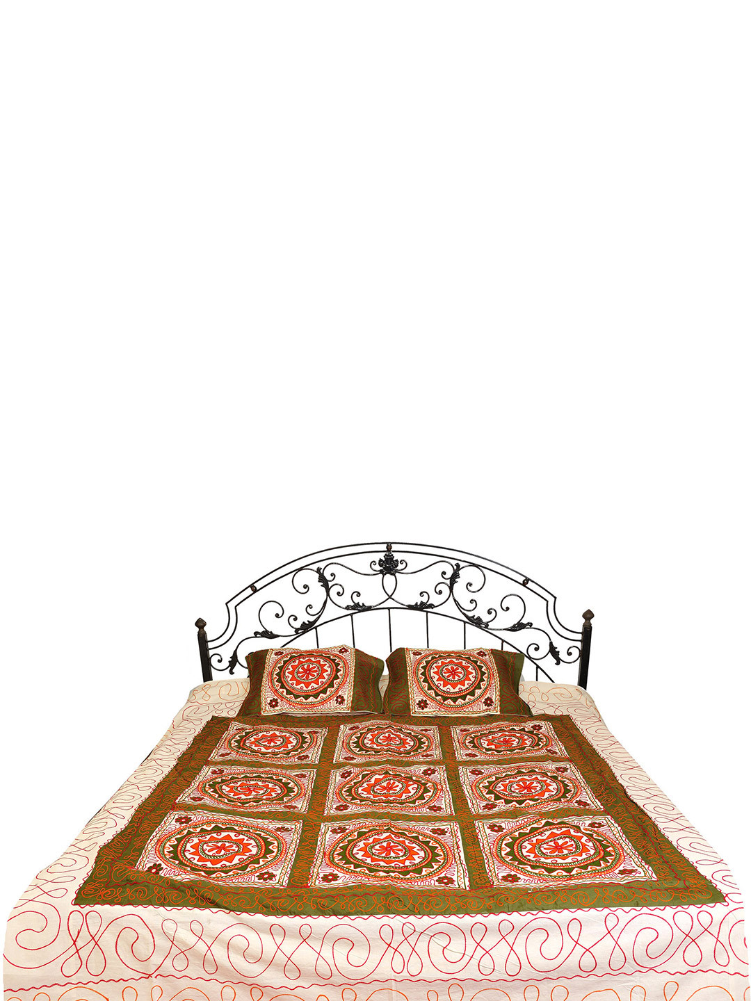 Exotic India Antique Off White Ethnic Motifs Cotton 300 TC Queen Fine Bedsheet with 2 Pillow Covers-92 x 91 inches