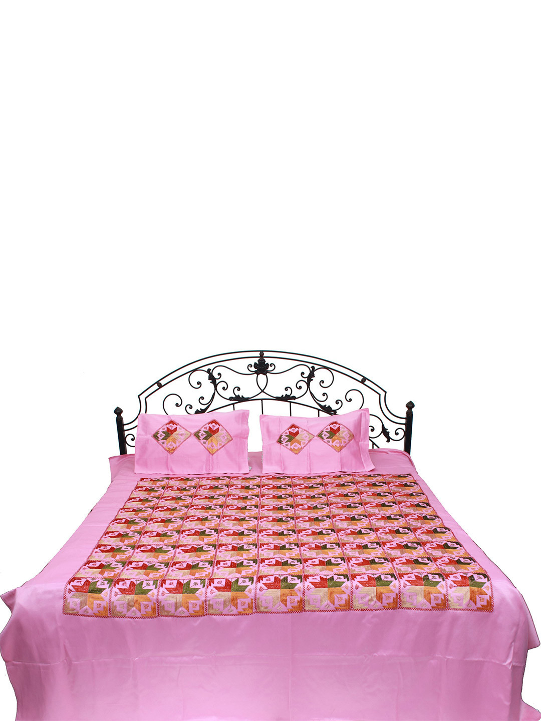 Exotic India Pink Ethnic Motifs Cotton 300 TC Queen Fine Bedsheet with 2 Pillow Covers-249 x 213 cm