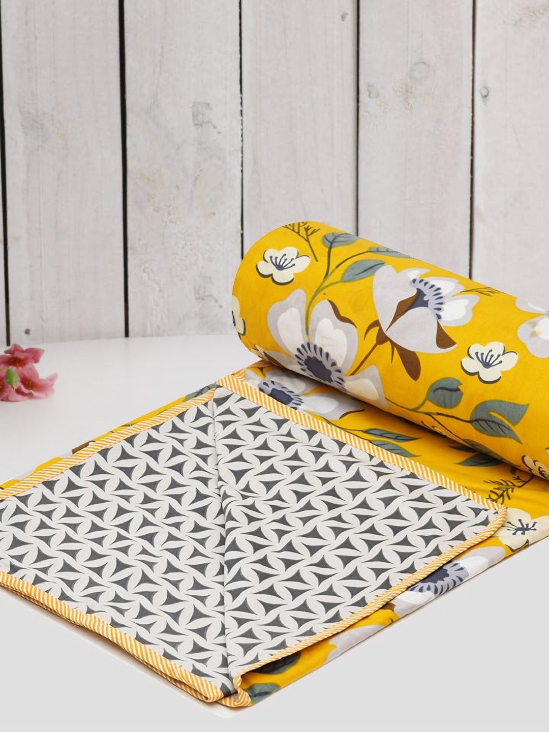 RRC Yellow Floral Printed Microfiber Reversile AC Room 120 GSM Double Bed Dohar