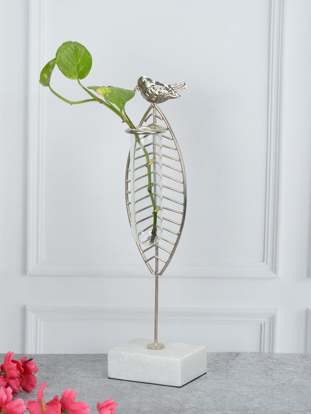Maison Modern Silver Toned Test Tube Pot With White Leaf shaped Metal Flower Vase