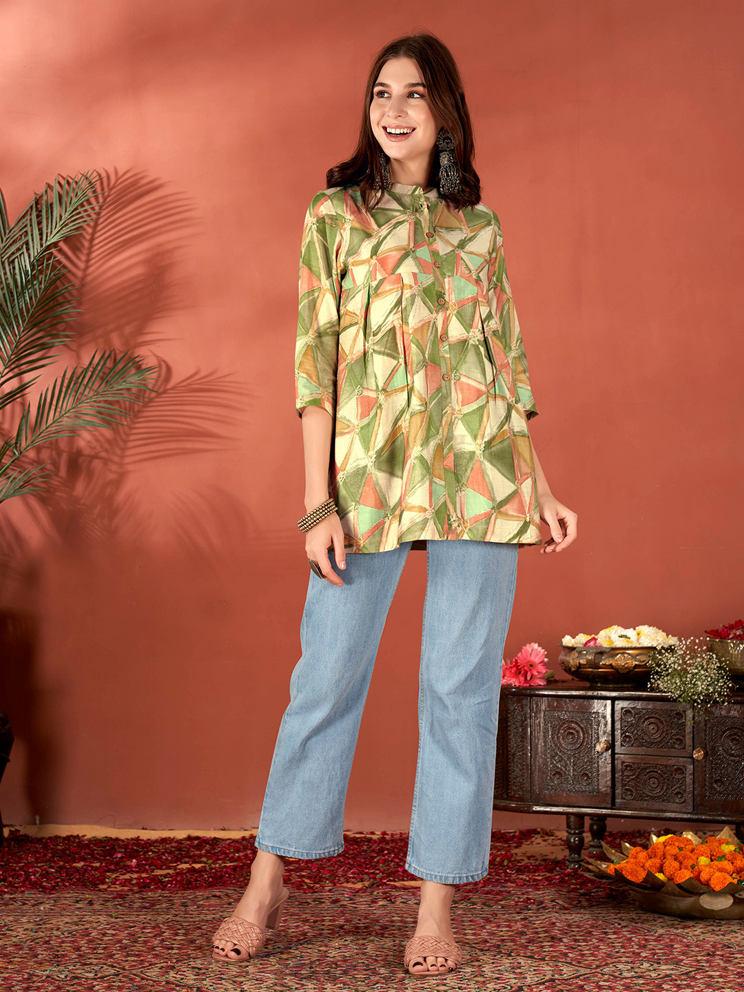 Anouk Green Geometric Printed Gotta Patti Short A-Line Kurta