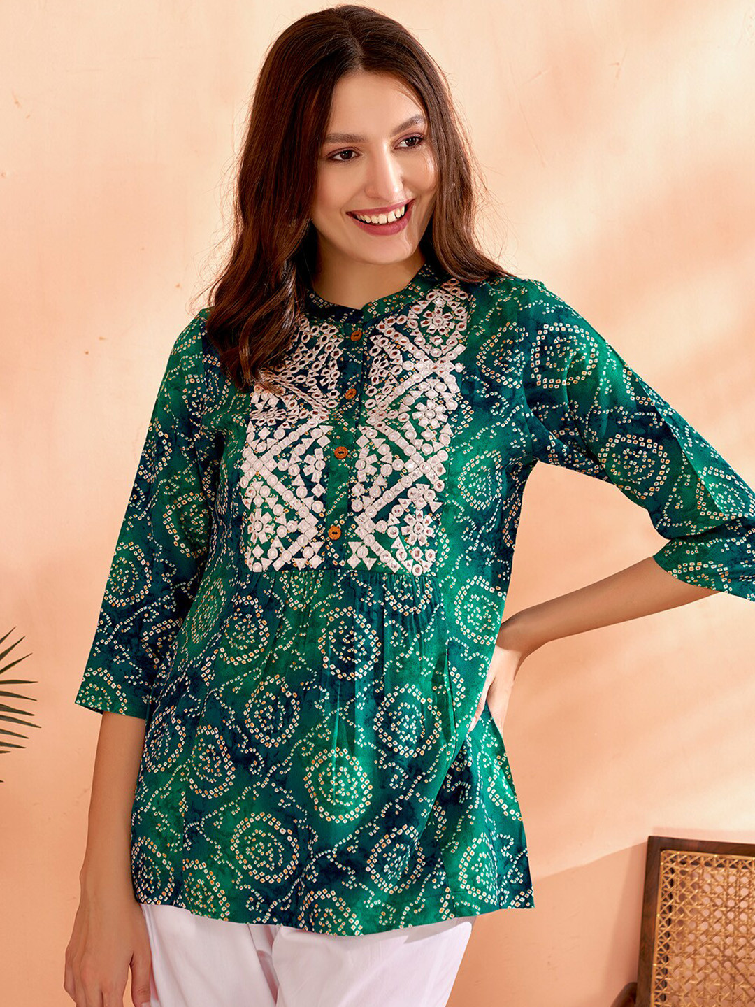Anouk Bandhani Printed Mirror Work Short Kurti