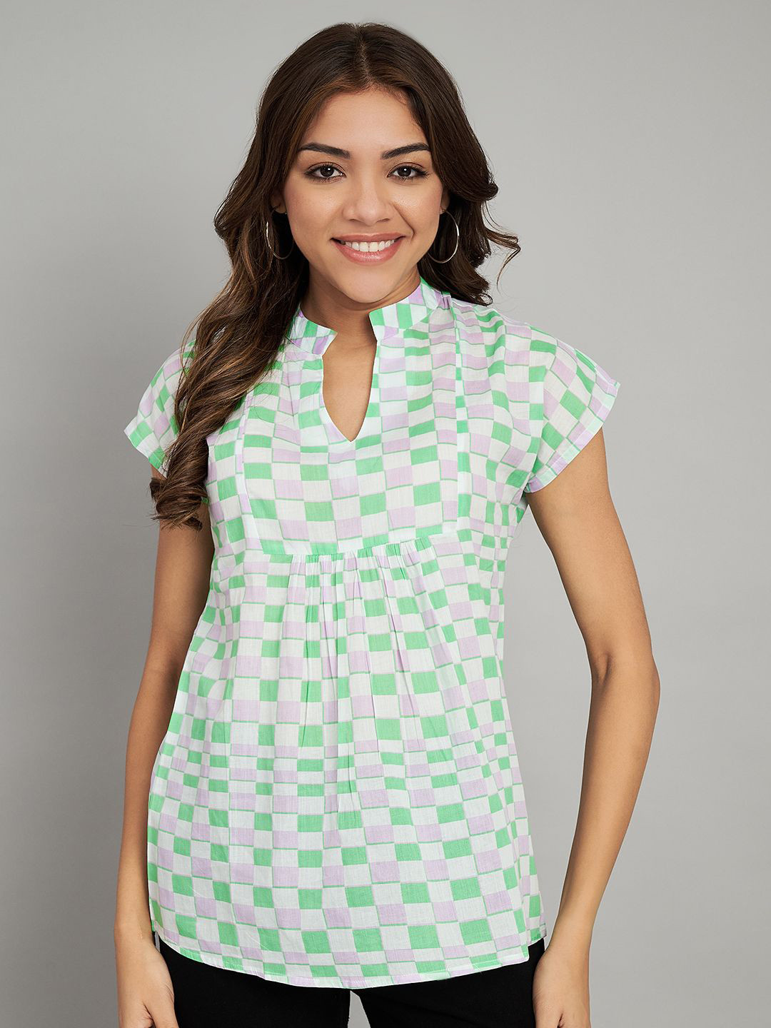 Amagyaa Geometric Print Mandarin Collar Block Print Cotton Top