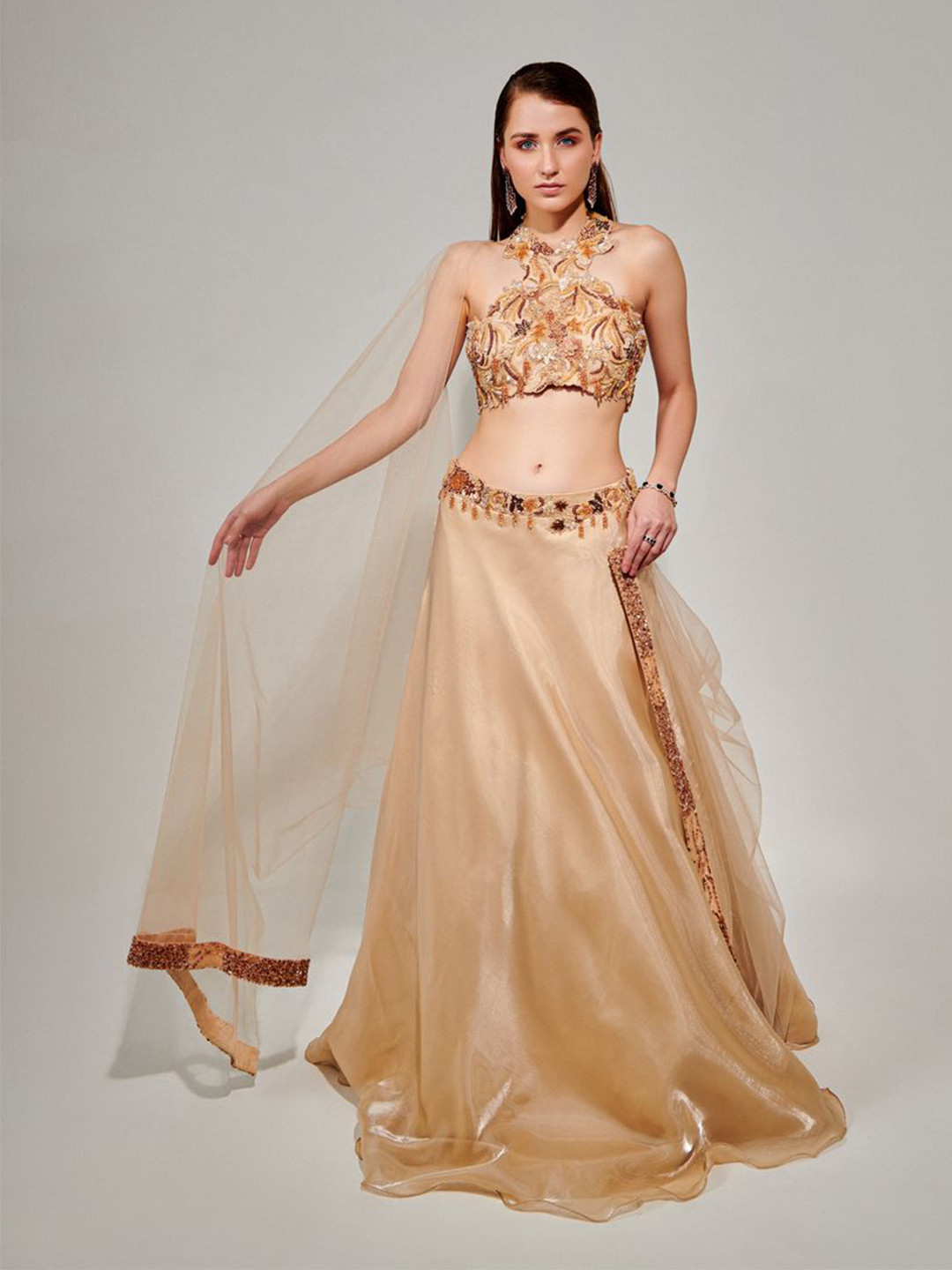 ONE KNOT Embroidered Beads and Stones Made to Measure Lehenga & Blouse With Dupatta