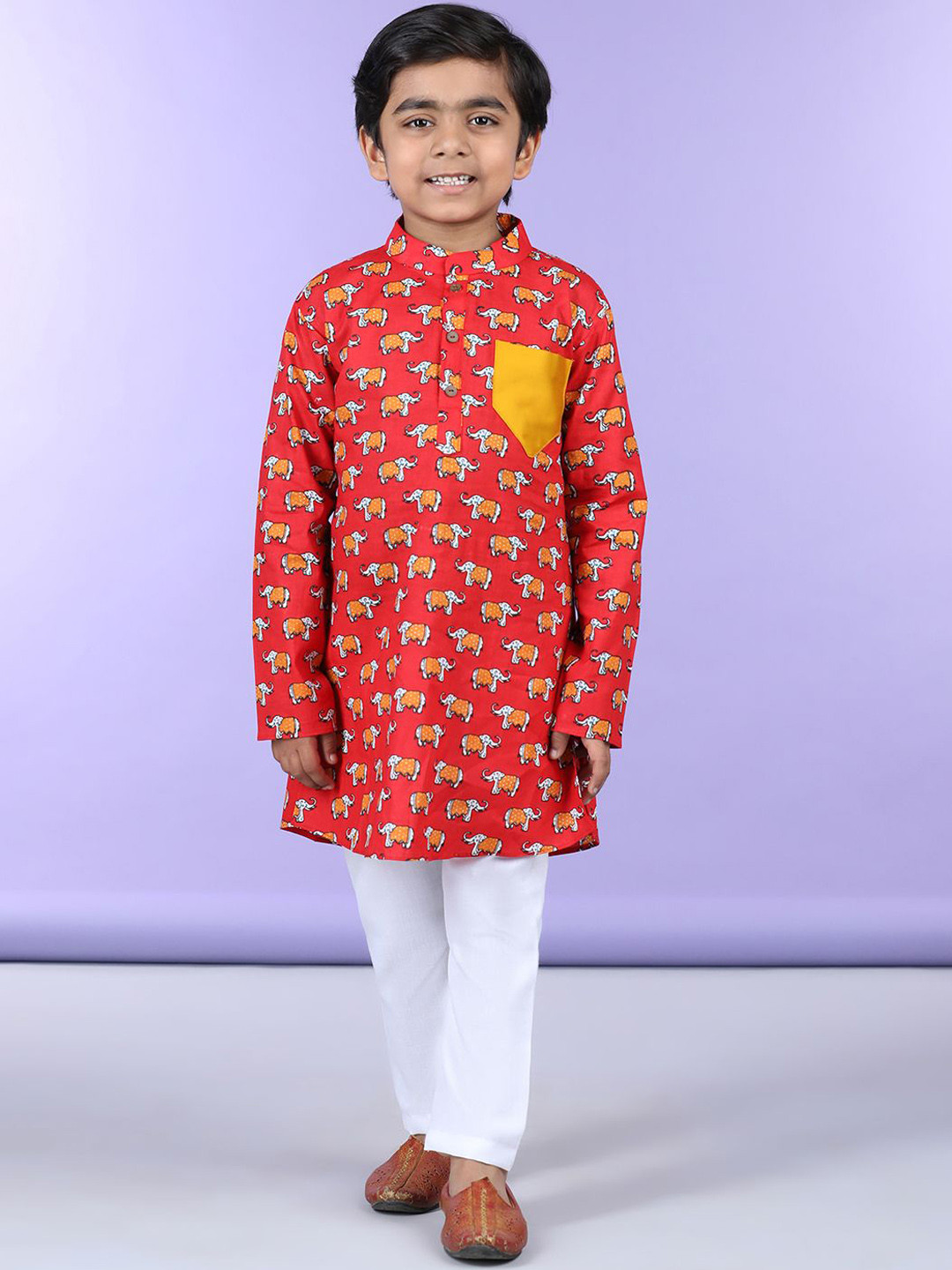 Sangria Boys Red Printed Mandarin Collar Pure Cotton Straight Kurta With Trousers