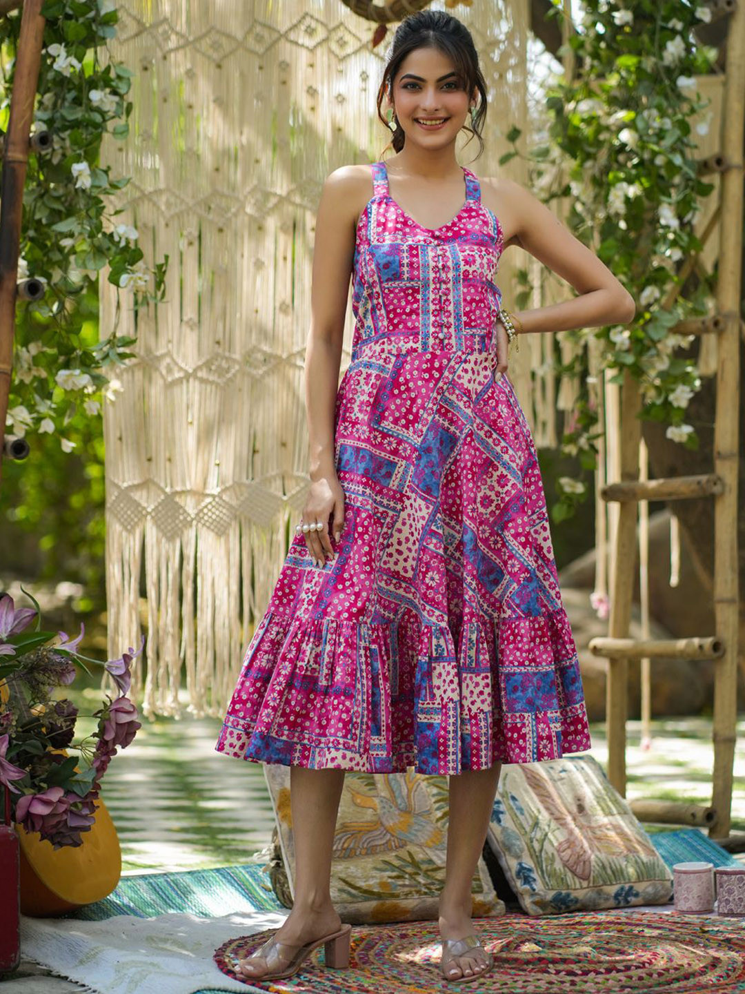 Rain & Rainbow Printed Cotton A-Line Midi Ethnic Dresses
