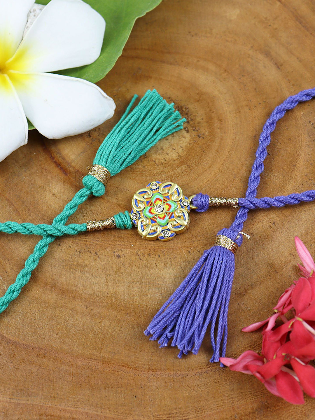 Asthetika Printed Stone Fancy Tassels Rakhi with Roli Chawal