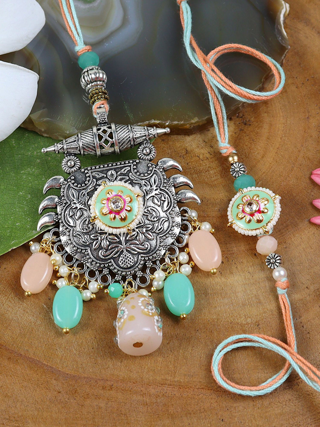 Asthetika Oxidized Pendant With Kundan Stone Bhaiya Bhabhi Rakhis with Roli Chawal