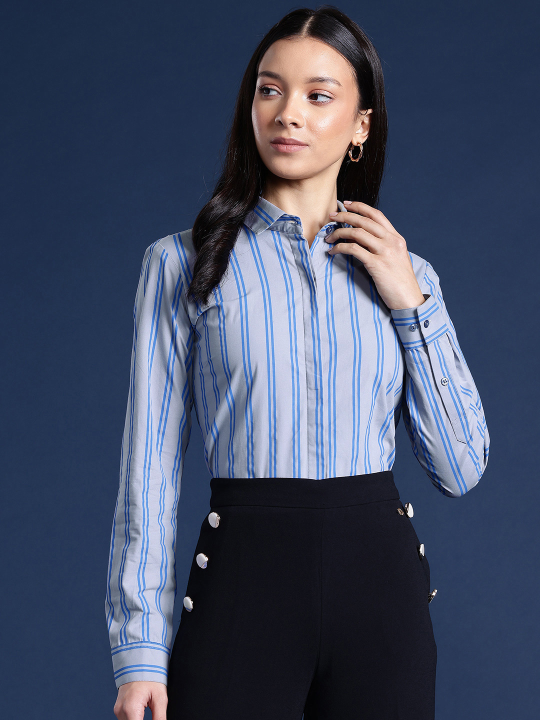 Hancock Women Striped Pure Cotton Carbon Finish Formal Shirt
