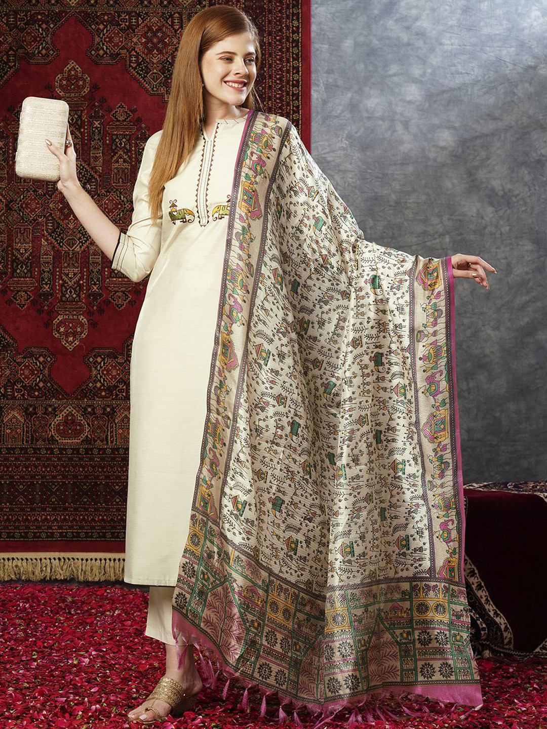 Anni Designer Animal Printed Straight Kurta With Trousers & Dupatta