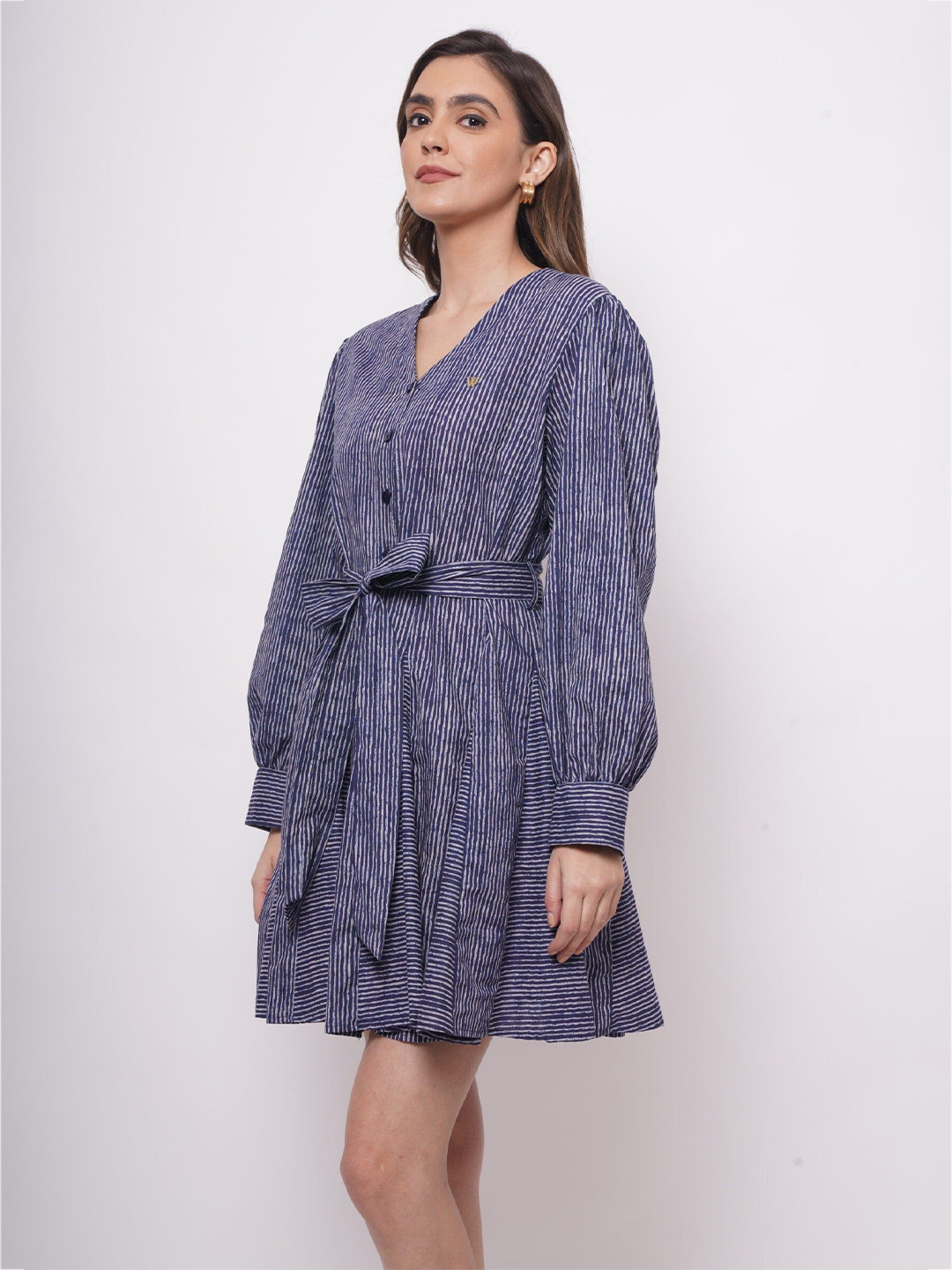 Western Era Striped Print Cuffed Sleeves Formal Fit & Flare Dress