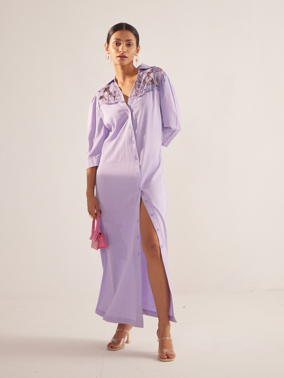 Western Era Embroidered Satin Maxi Shirt Dress