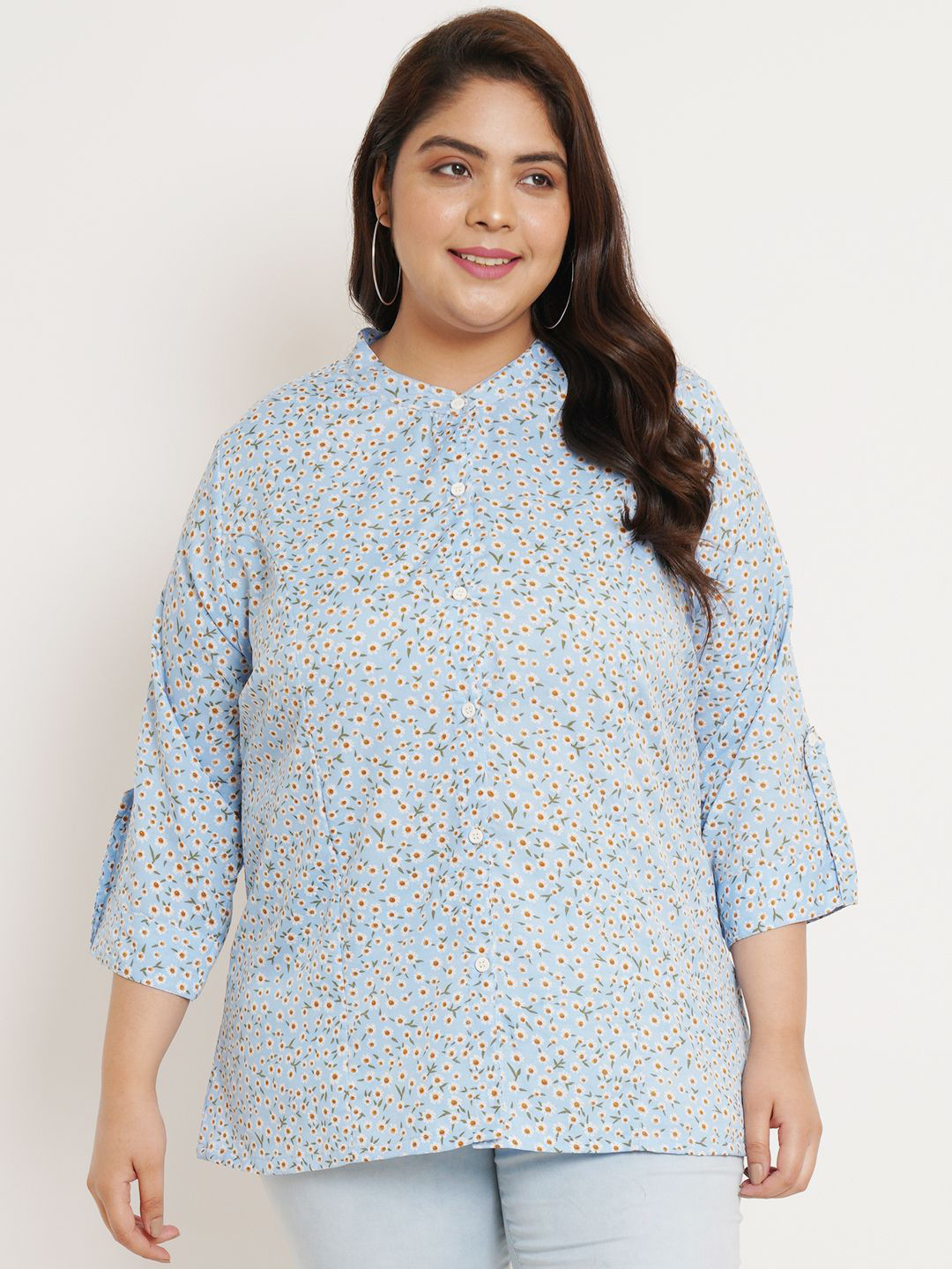 U&F Beyond Floral Print Mandarin Collar Roll-Up Sleeves Crepe Shirt Style Top