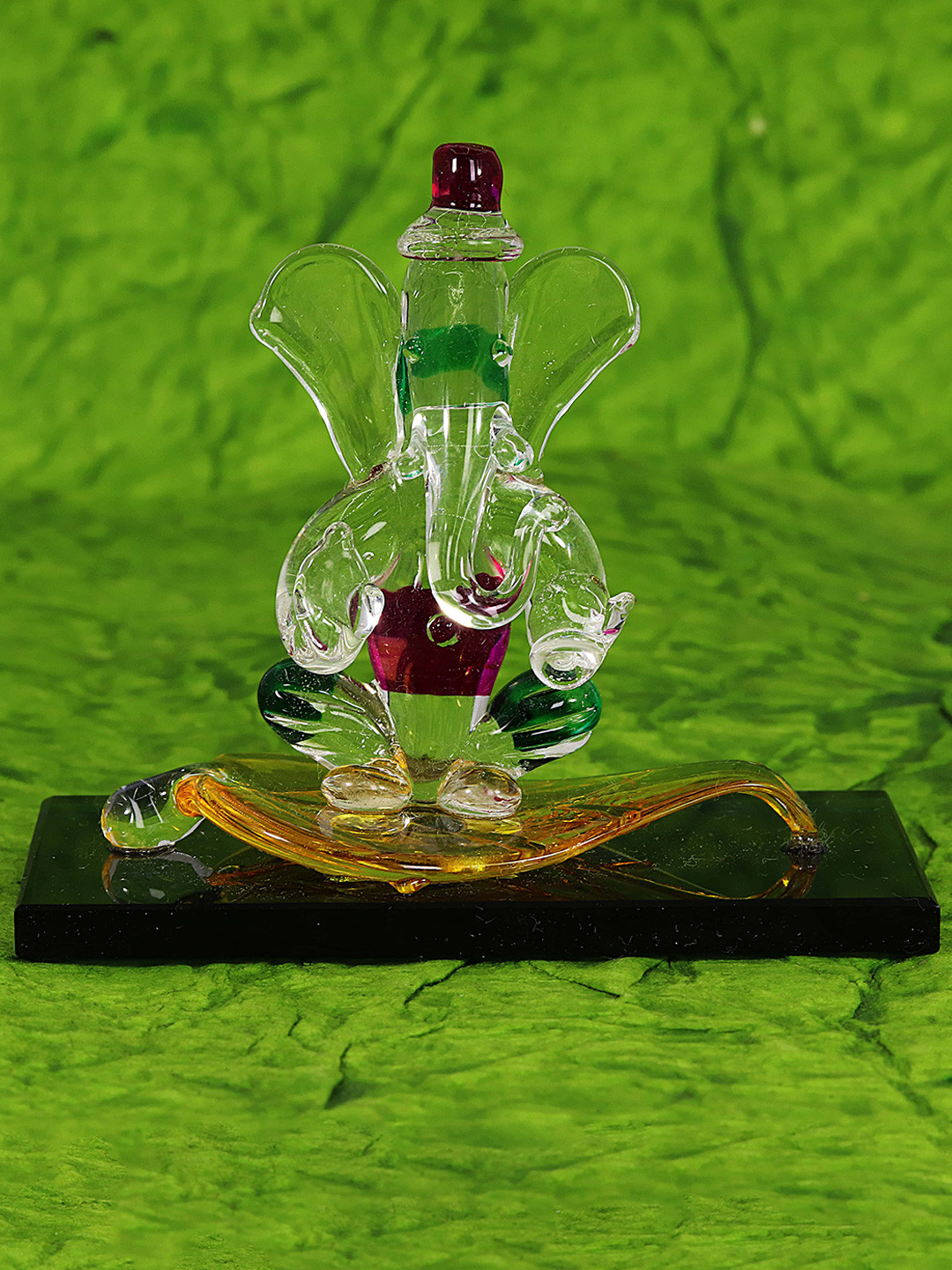 NMII Lord Ganesh Ji Sitting on Leaf White Glass Glossy Living Room Medium Showpiece - 2.4 Inches