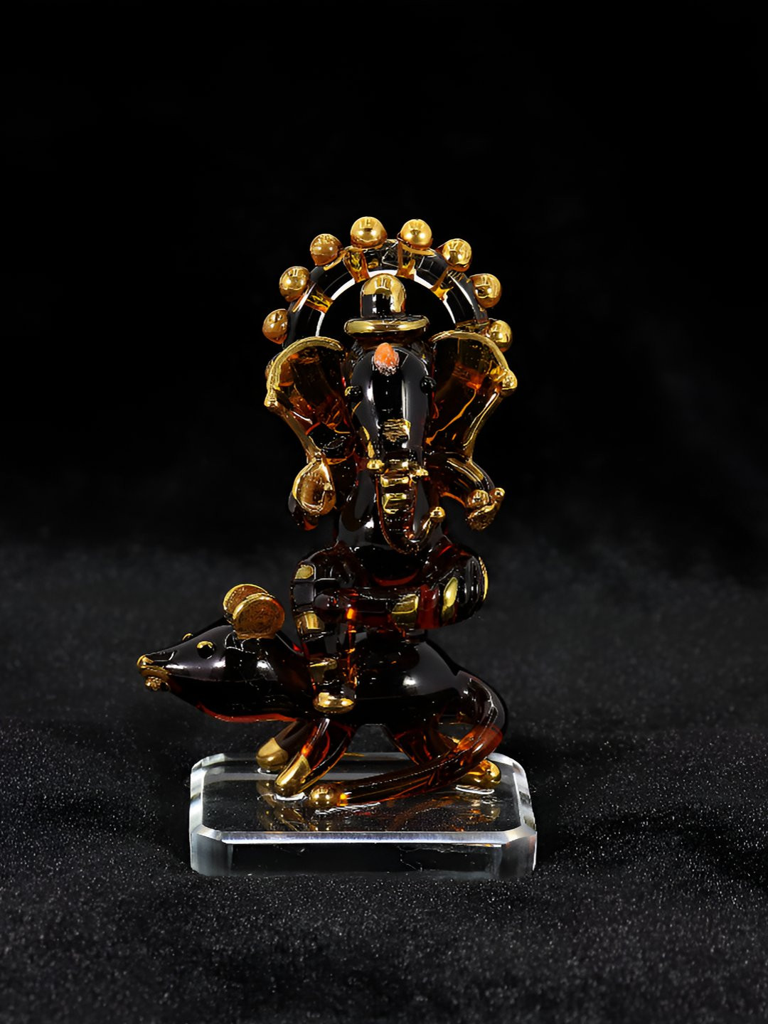 NMII Lord Ganesha Brown Glass Metallic Prayer Room Hand-Crafted Medium Showpiece - 3.7 Inches