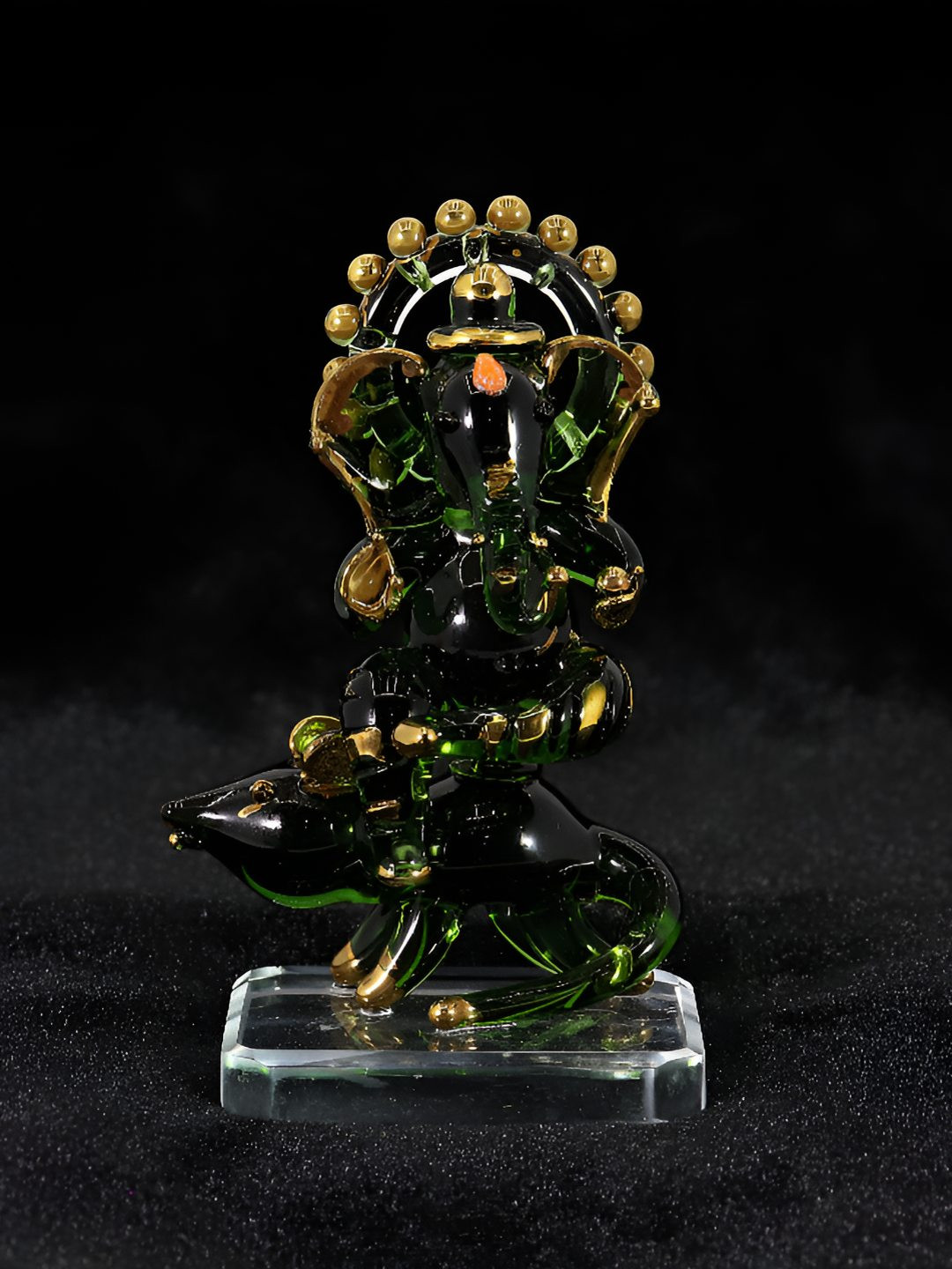 NMII Lord Ganesh with Mouse Mushak Lime Green Glass Glossy Prayer Room Medium Showpiece - 3.7 Inches