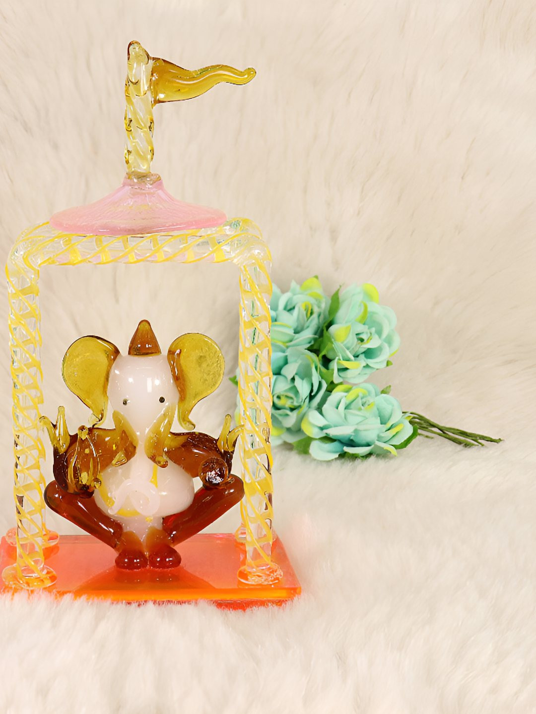 NMII Colorful Lord Ganesh Yellow Glass Glossy Prayer Room Medium Showpiece - 5.5 Inches