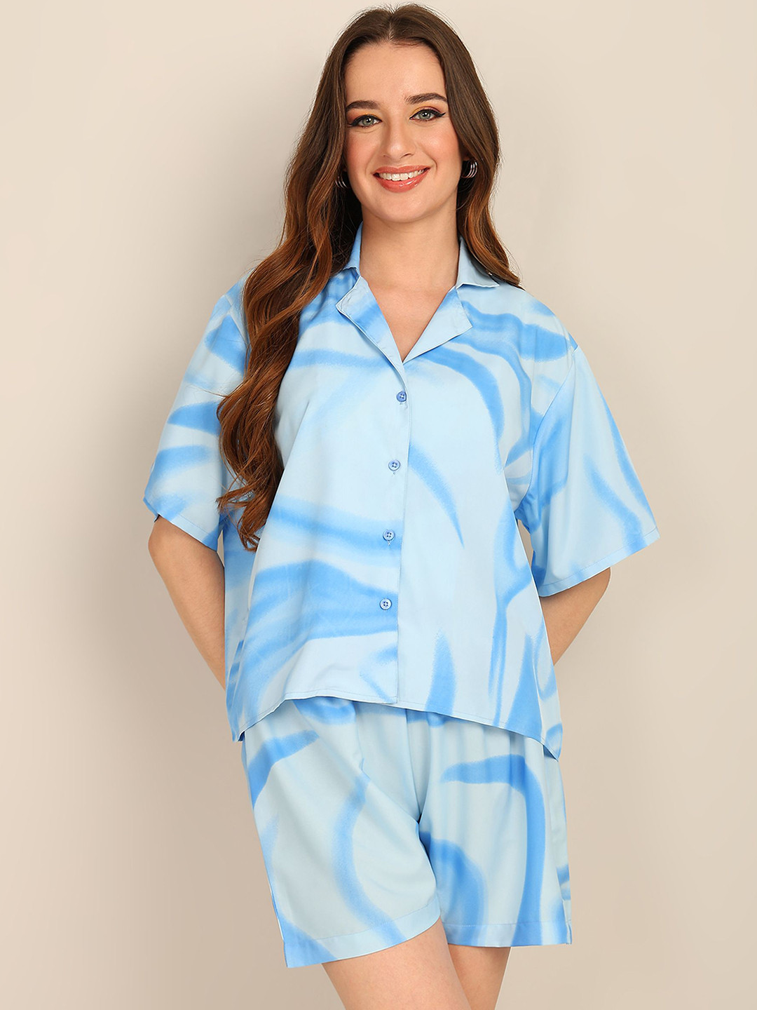 Fashfun Abstract Printed Drop-Shoulder Sleeves Top With Shorts