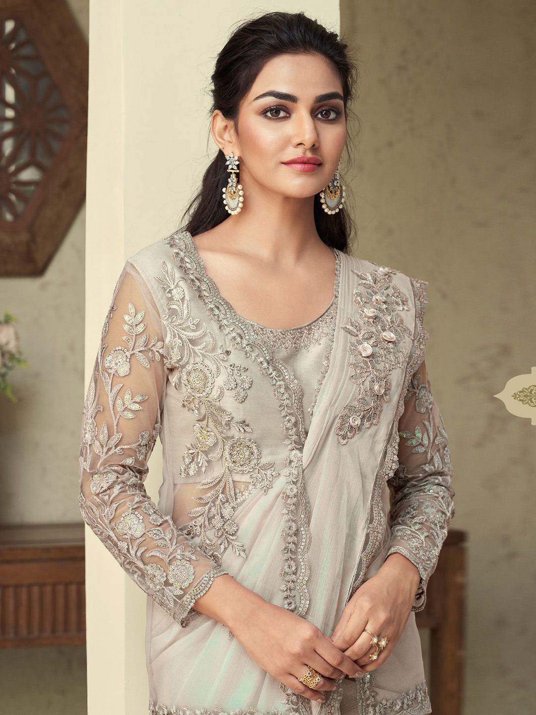 Mitera Sequinned Embroidered Embellished Georgette Saree & Styled jacket