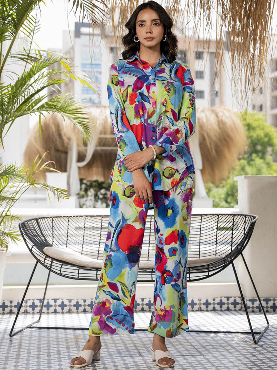Divena Floral Printed Long Sleeve Shirt With Trousers