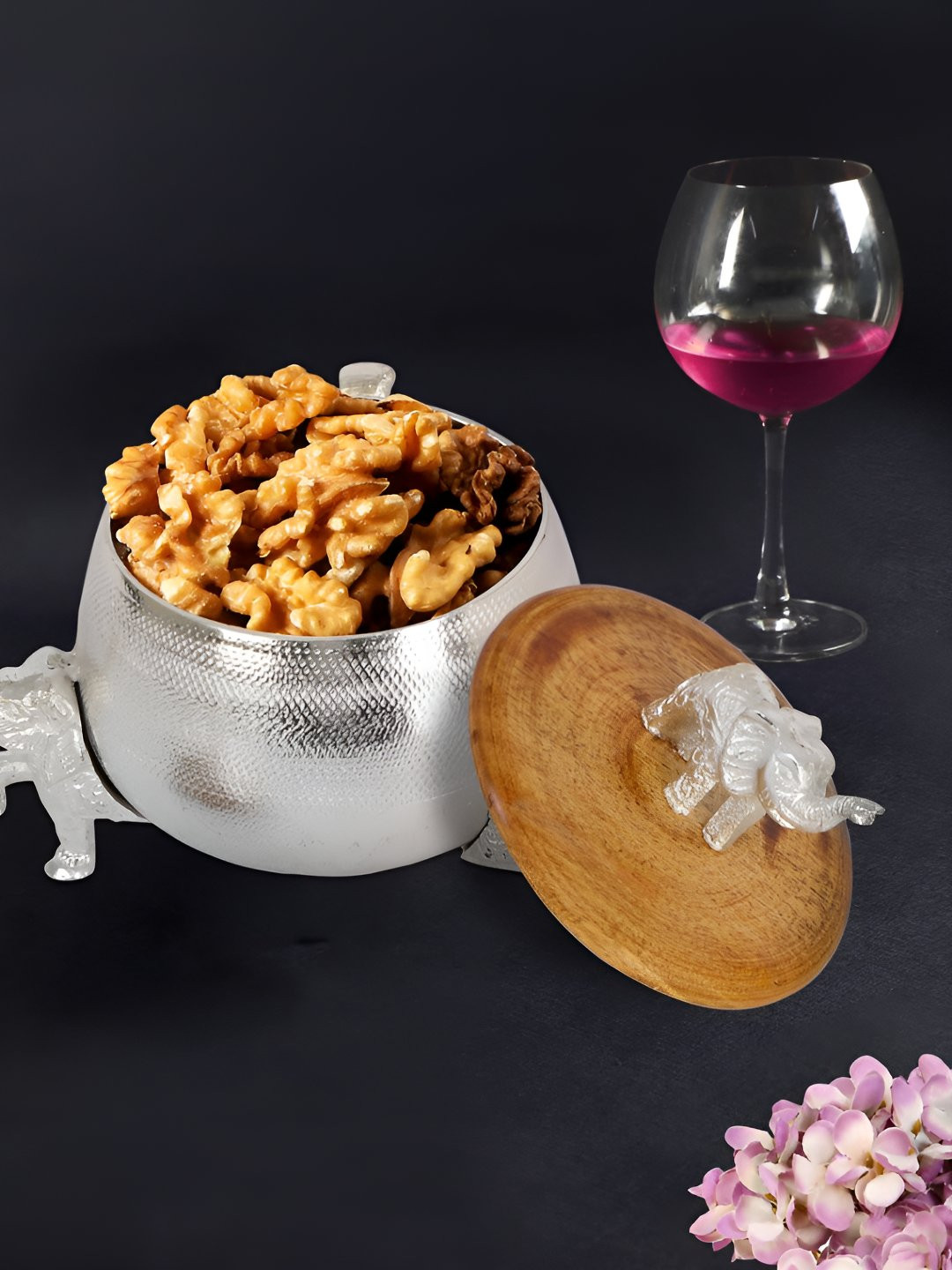 THE HOME CO. Silver Toned & Brown Elephant Design Wooden Decorative Bowl