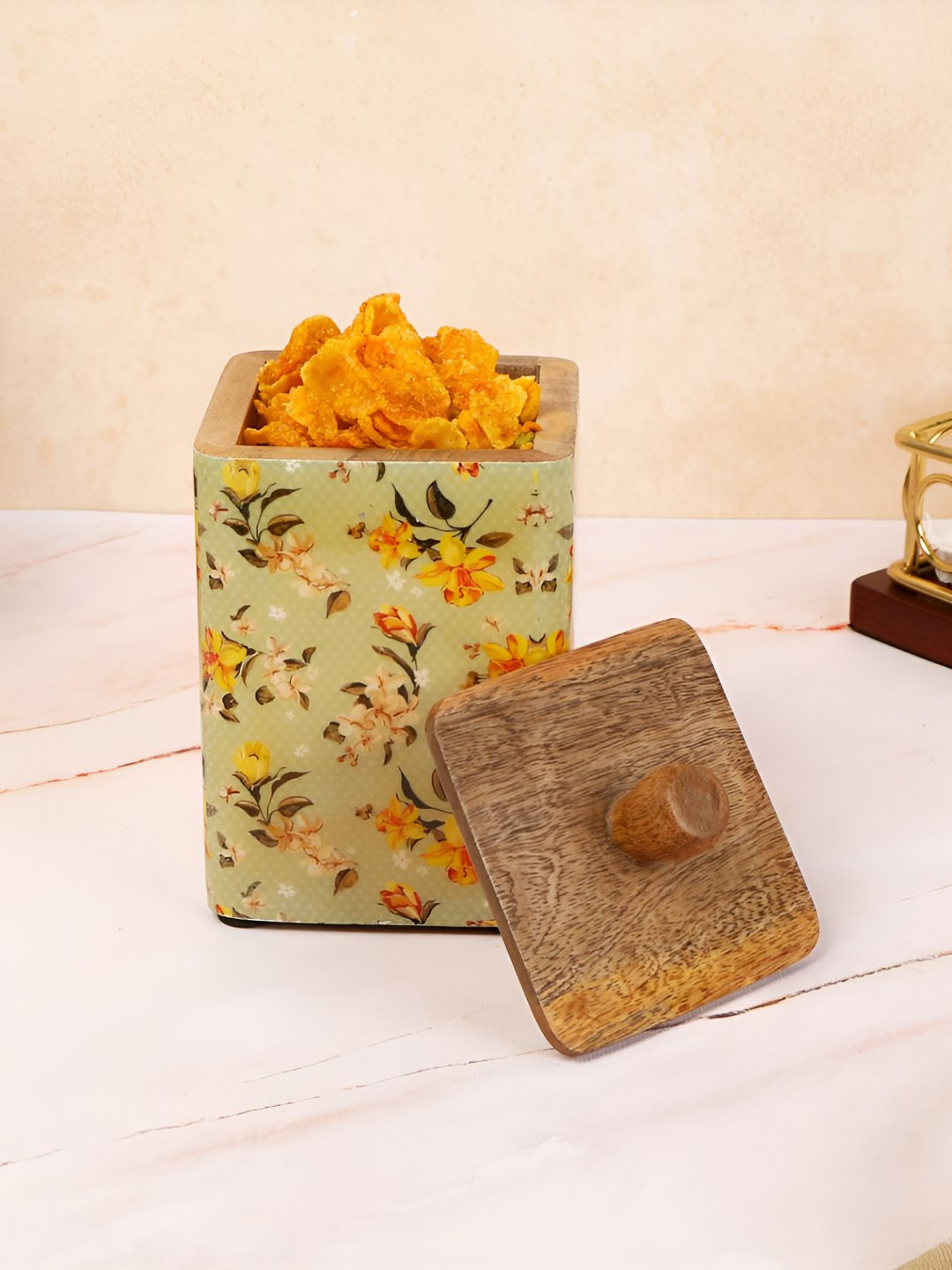 The Home Co. Green Floral Wood Easy To Clean Clip-On Jar