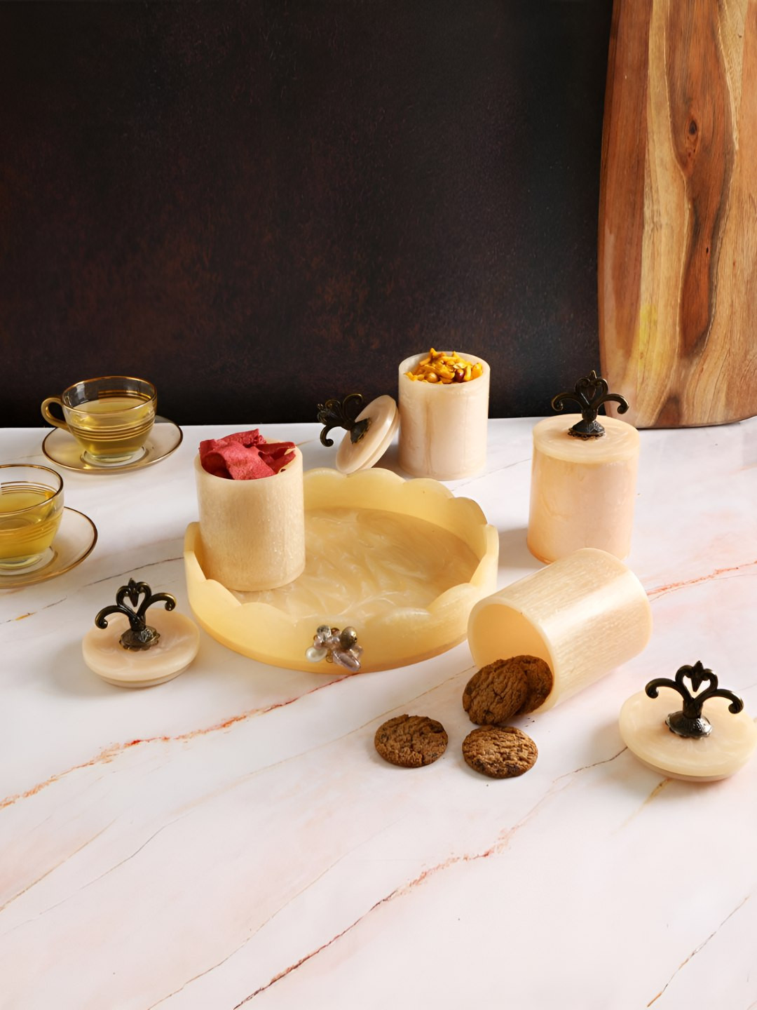 The Home Co. Trishul Beige Ceramic Easy To Clean 4 Piece Flip Top Canister