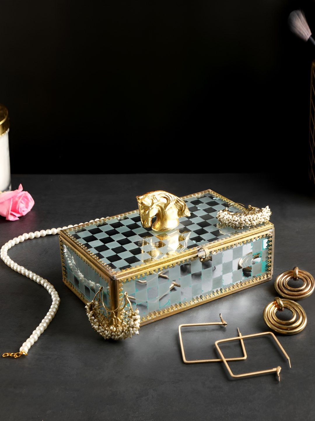 The Home Co. Horse Grey Checkered Glass Easy To Clean Flip Top Box Container Set