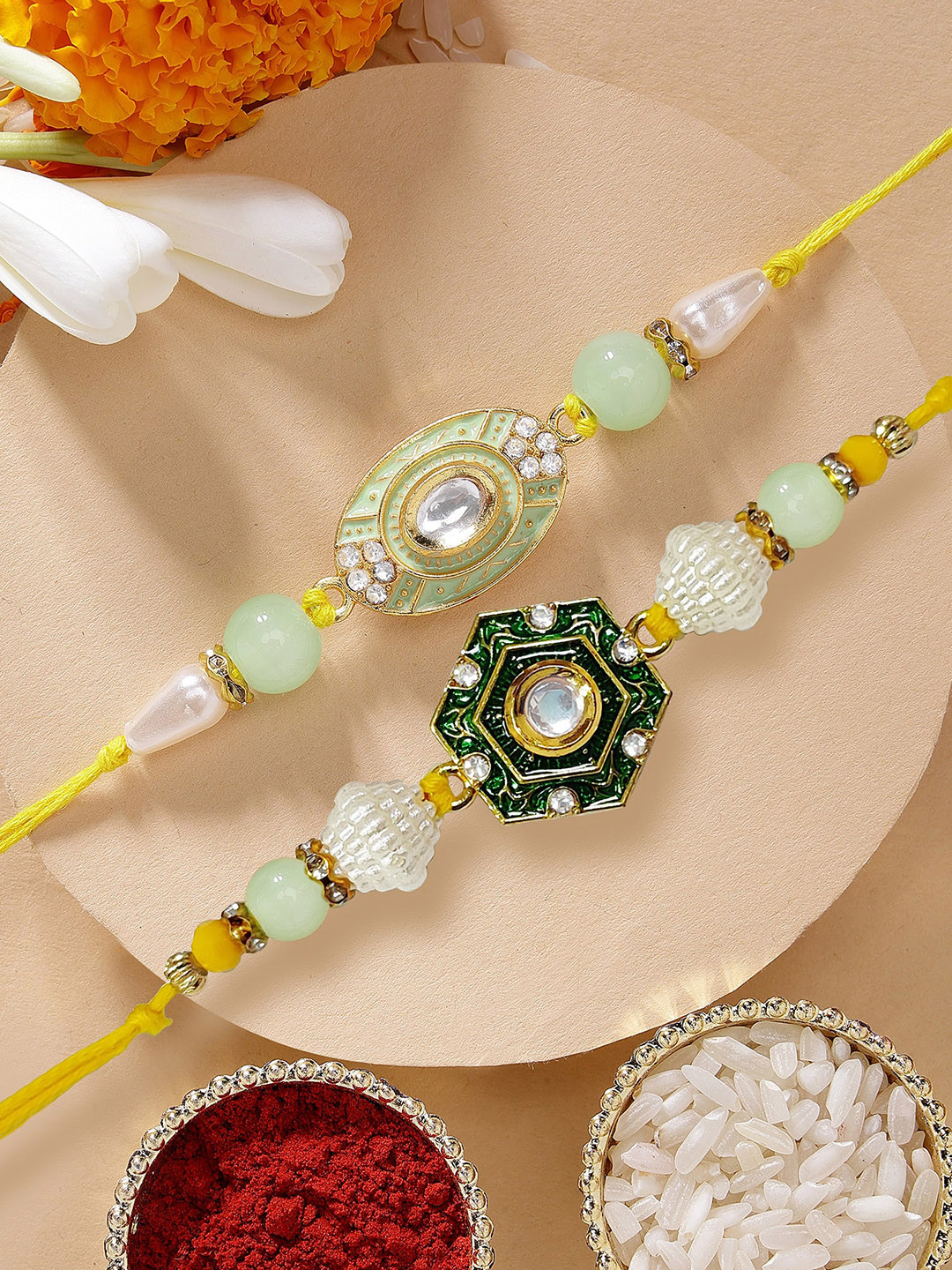 KARATCART Set of 2 Green & Lime Green Kundan Rakhi with Roli & Chawal