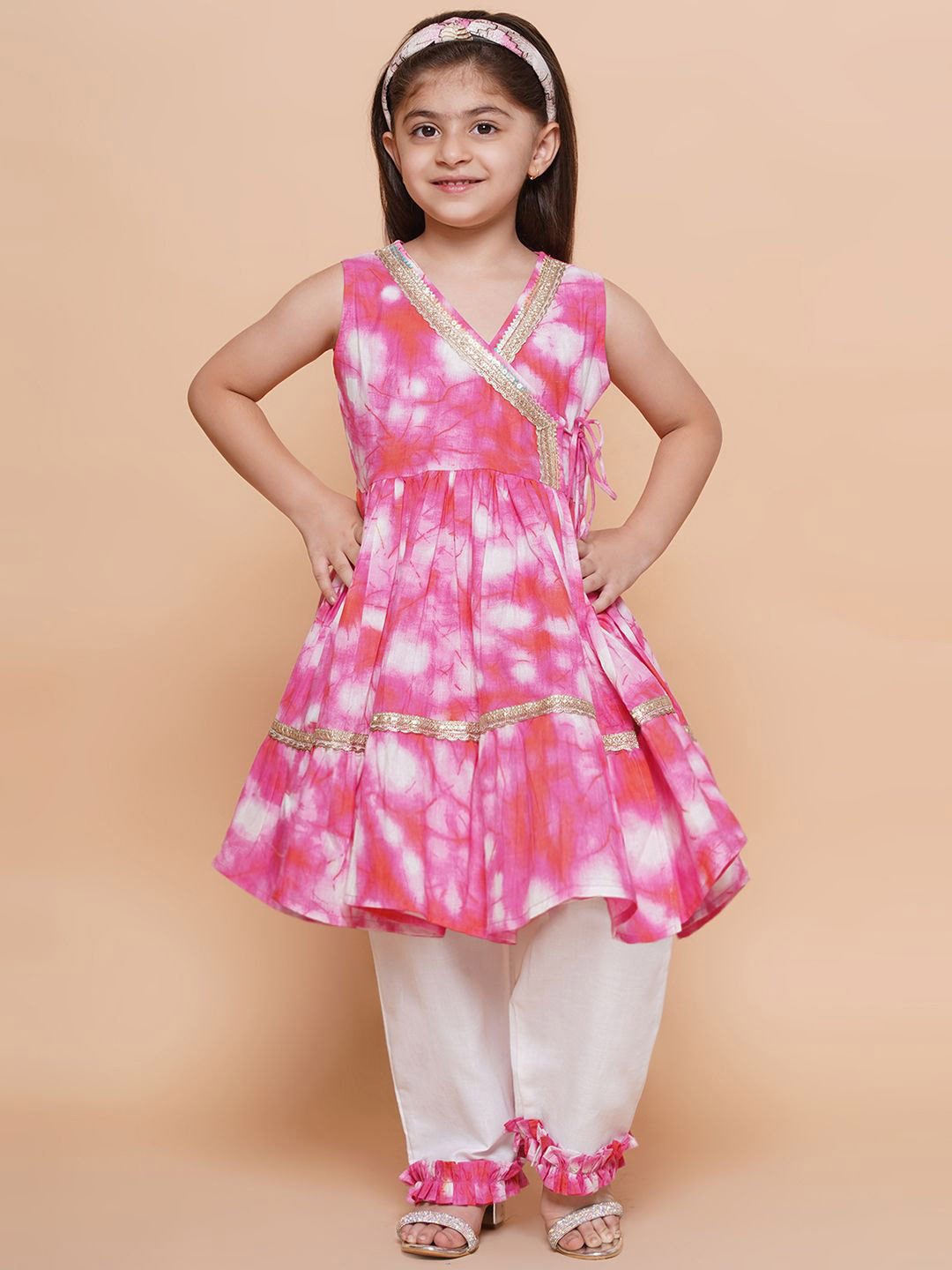 Modish Couture Girls Tie and Dye Sequinned Pure Cotton Angrakha Kurta With Palazzo